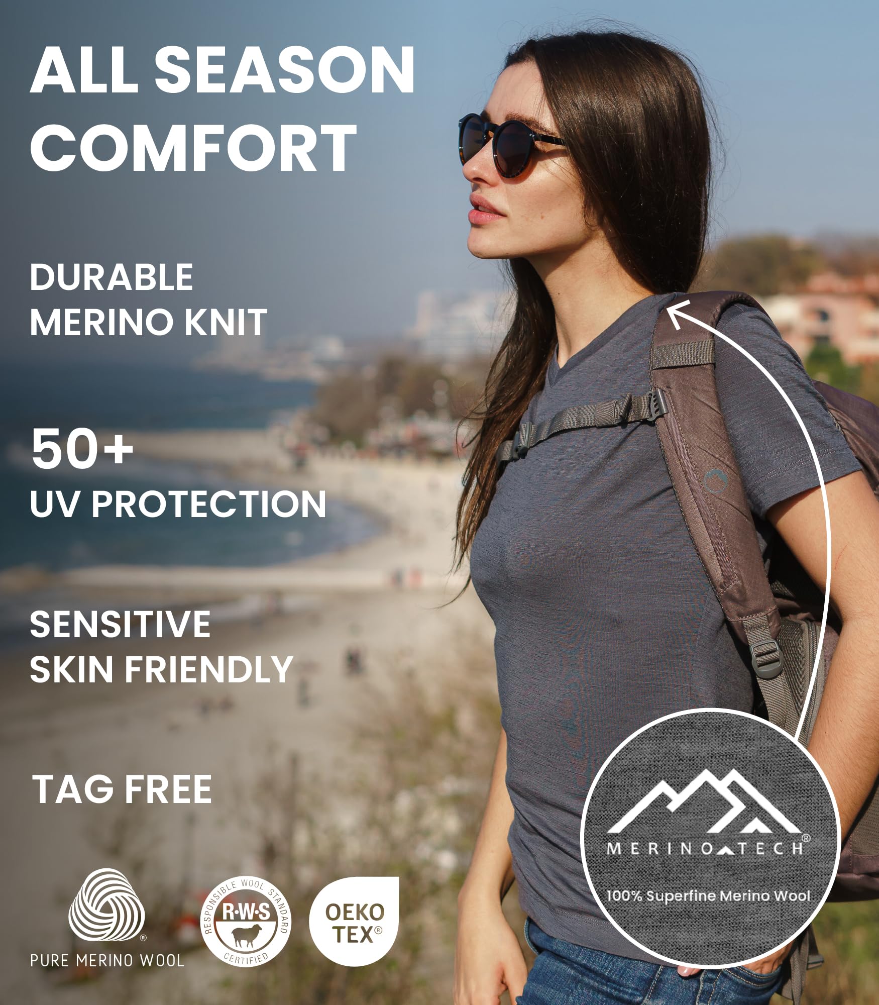 Merino.tech 100% Merino Shirt Damen Wandern - Merinowolle Tshirt Kurzarm - Sport Thermo Unterhemd - Natürlich Weich Unterwäsche (Medium, Perfect Gray Crewneck)