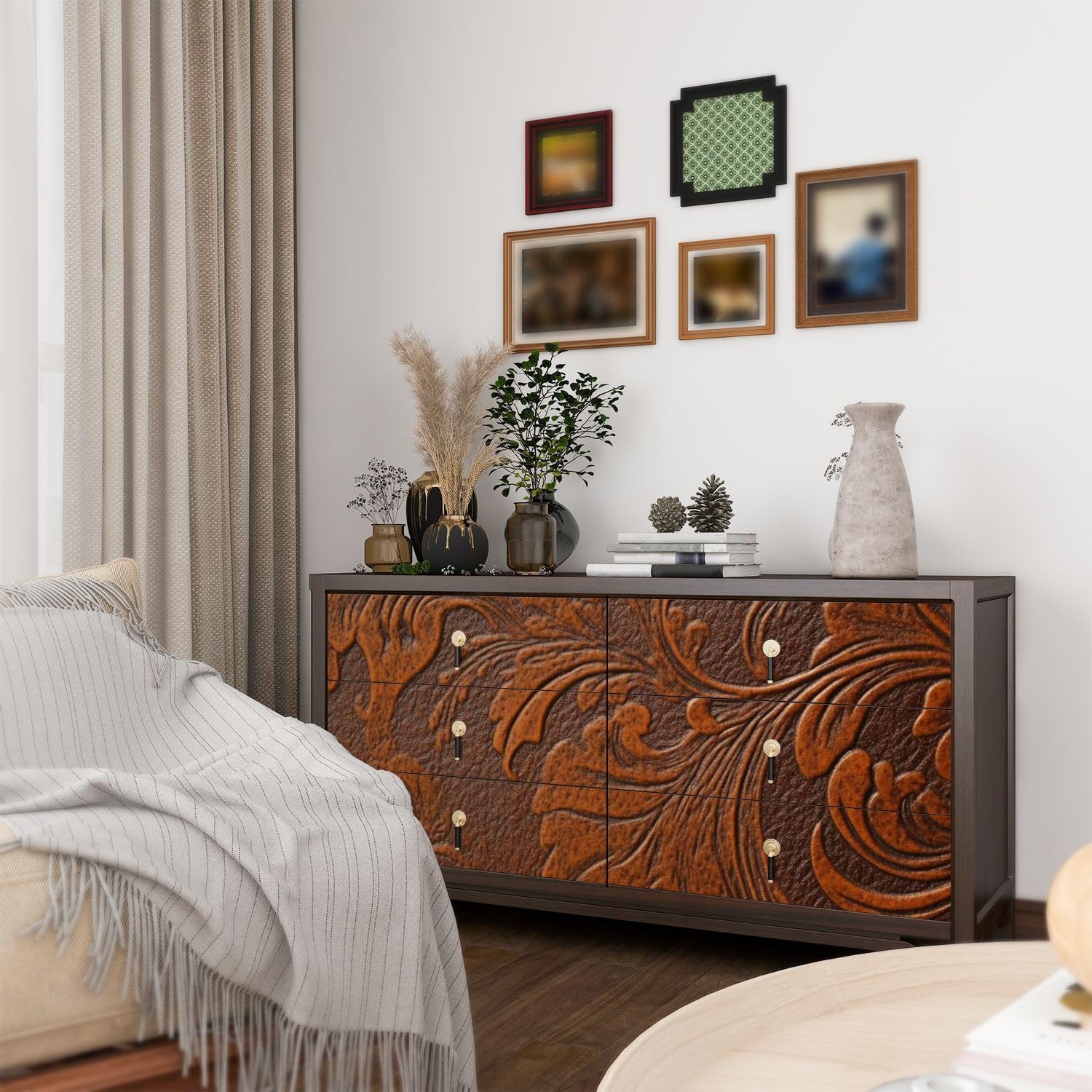 Wall Mural Peel & Stick Tooled Leather Classic Western Floral Self-Adhesive Wallpaper Removable Wall Decal Wall Sticker Home Decor for Living Room Bedroom 69"x98"
