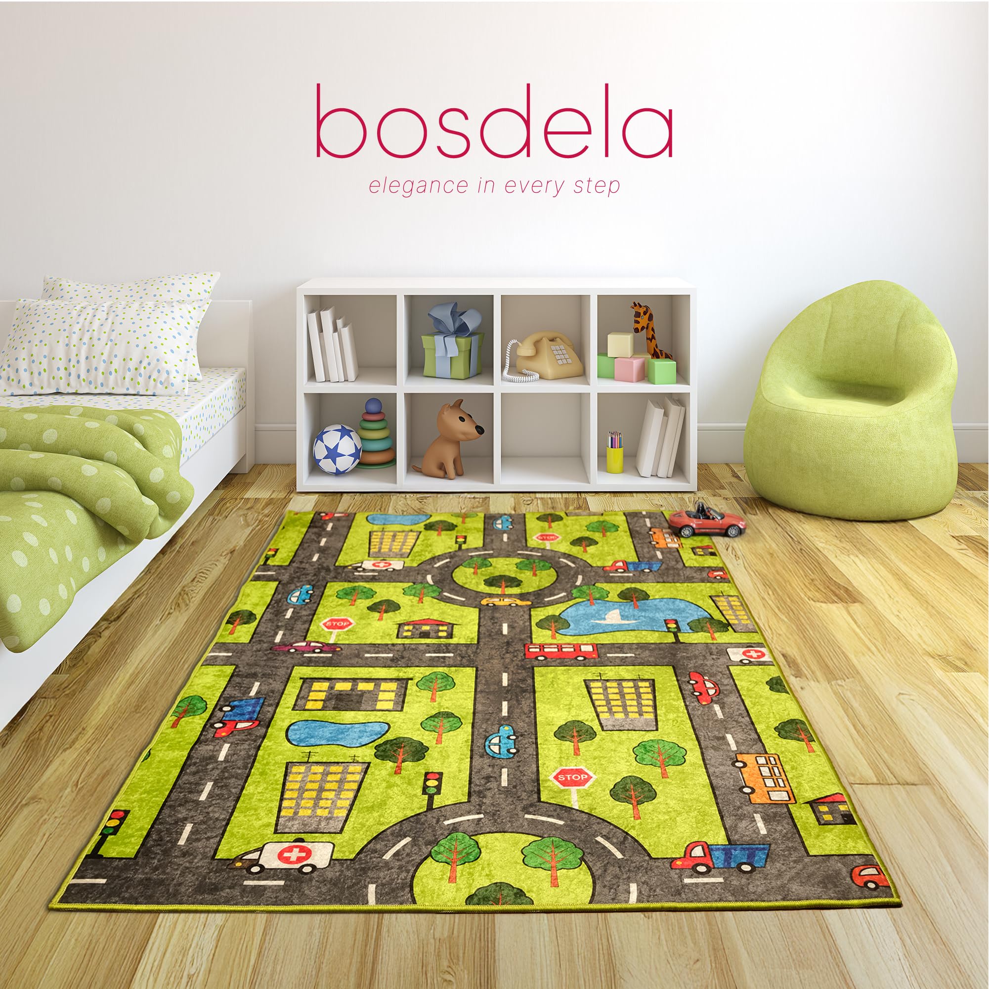 Tappeto per bambini e neonati – Diverse varianti di design, lavabile, antiscivolo, morbido, ideale per camerette e sale giochi, 100 x 160 cm, verde città.
