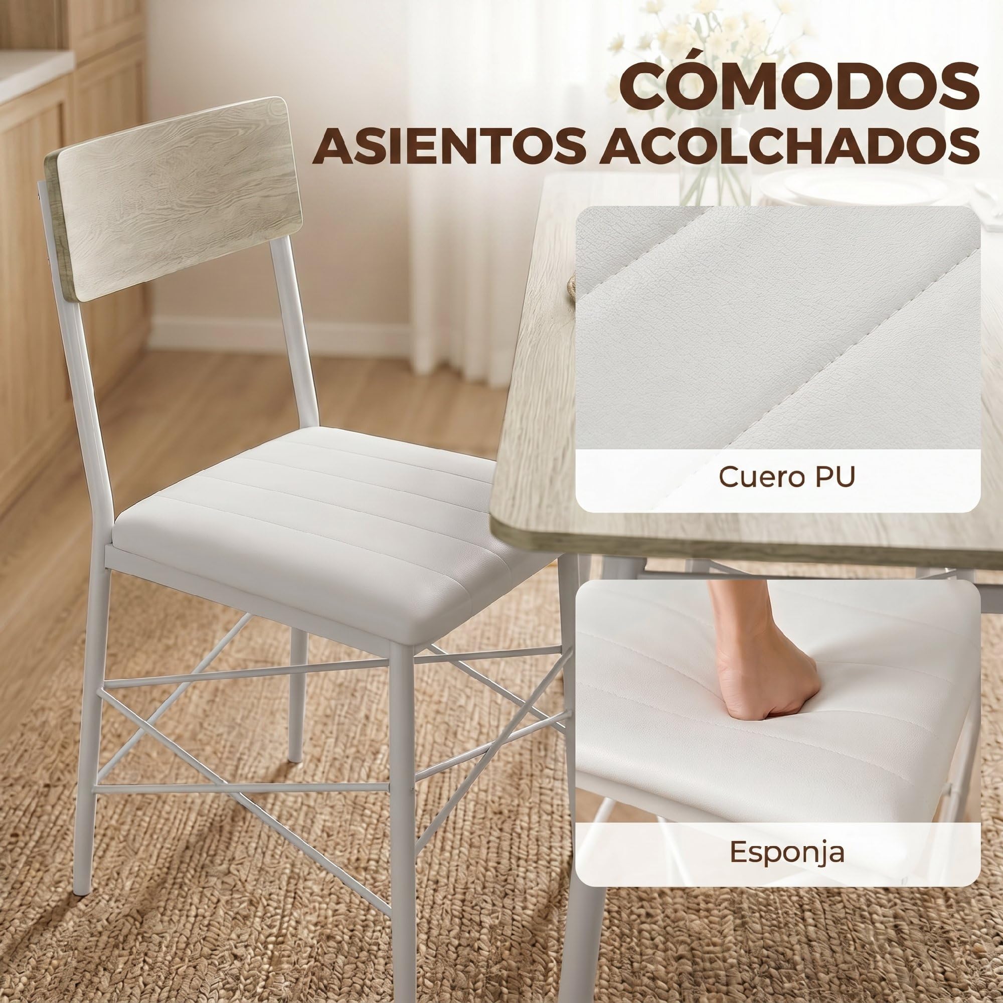 HOMCOM Juego de Mesa y Sillas de Comedor 5 Piezas Roble y Blanco | Mesa de Cocina Rectangular con 4 Sillas Acolchadas, Estilo Moderno, Marco Metálico, Espacios Pequeños, Salón, 106x66x75 cm