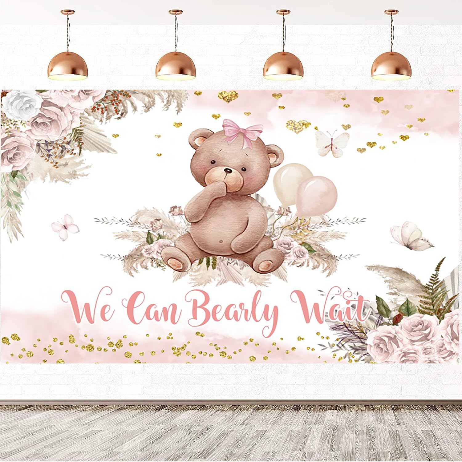 Sfondo Per Baby Shower "We Can Bearly Wait" - 2.1x1.5 M, Cotone, Motivo Orso E Erba