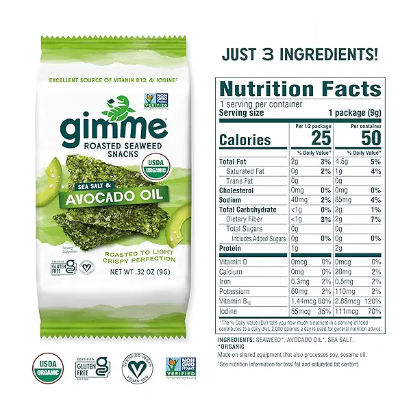Gimme Seaweed Organic Premium Roasted Seaweed Snacks, Sea Salt & Avocado Oil, 12 Count Sharing Size, Keto, Vegan, Gluten-Free, Source of Omega3s & Iodine, Healthy On-The-Go Snack for Kids & Adults 2