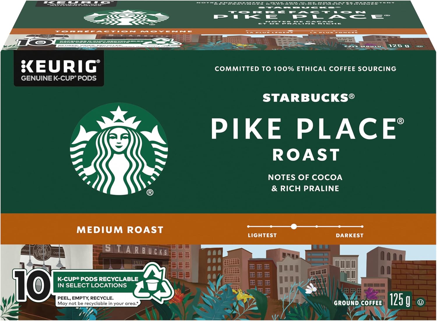STARBUCKS Pike Place Roast Coffee, Keurig Coffee Pods, Medium Roast, Smooth, Well-rounded Blend Of Latin American Coffee Beans, K Cups, 125 g