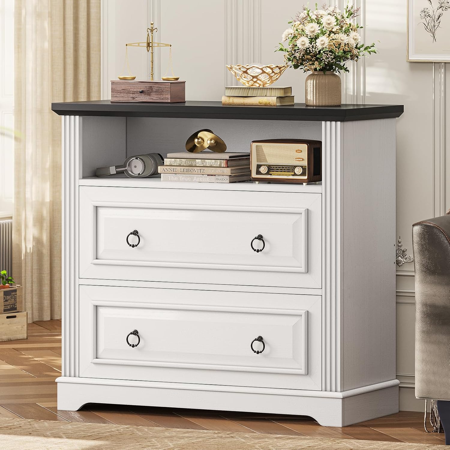 Itaar 2 Drawer File Cabinet, Farmhouse Filing Cabinet for Home Office Fits Letter, Legal, A4 Size, Wood Lateral File Cabinet with Printer Stand, Storage Shelf, White