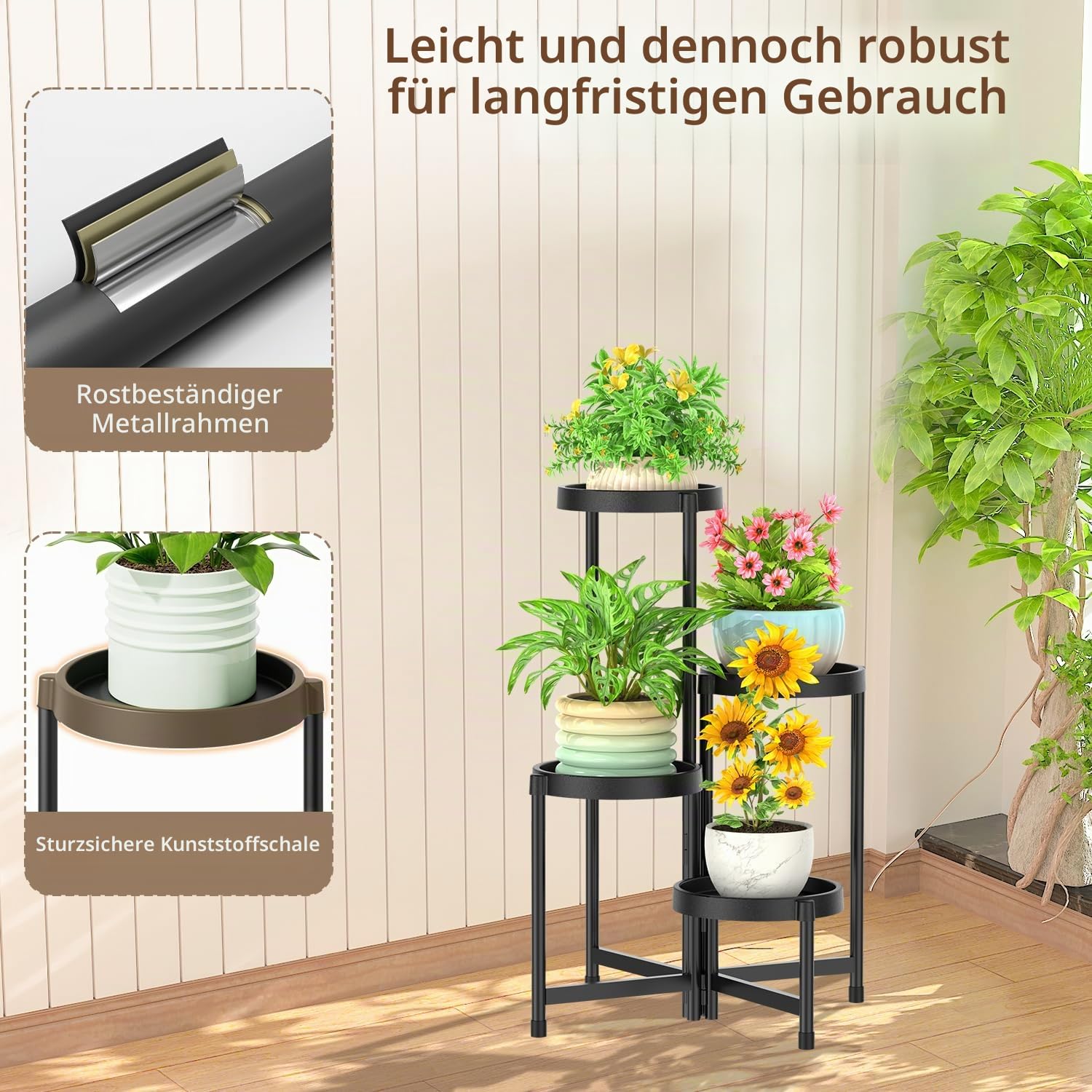 Blumenständer Pflanzenständer Pflanzenregal Outdoor Indoor Schwarz | 4-Stufiger Metall Mehrstöckig Pflanzenregal Blumenregal Pflanzentreppen für Zimmerecke, Wohnzimmer, Balkon, Terrasse, Hof