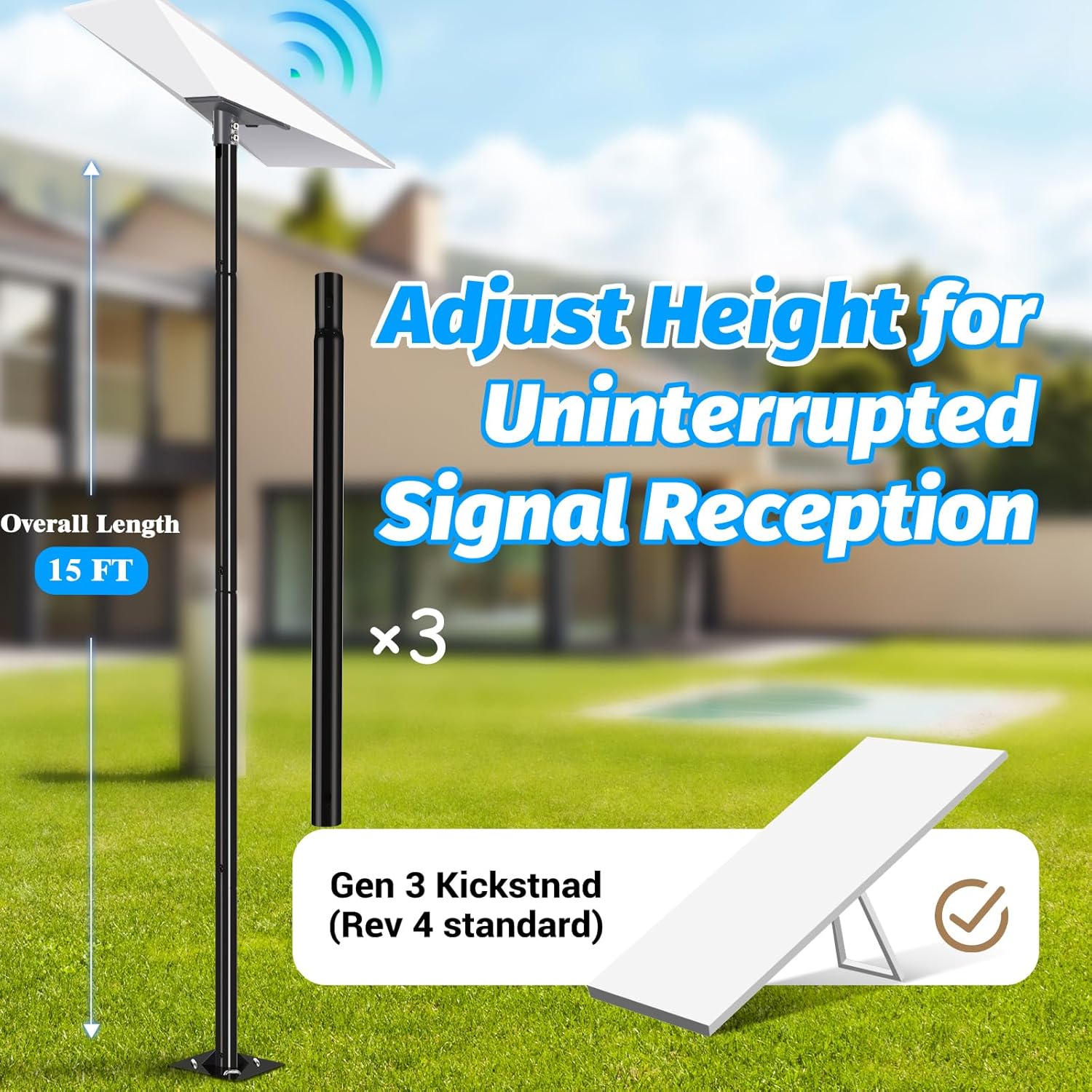 15FT Gen 3 Starlink Pole Mount, Starlink Mount with Pipe Adapter, Starlink Ground Pole Mounting Kit