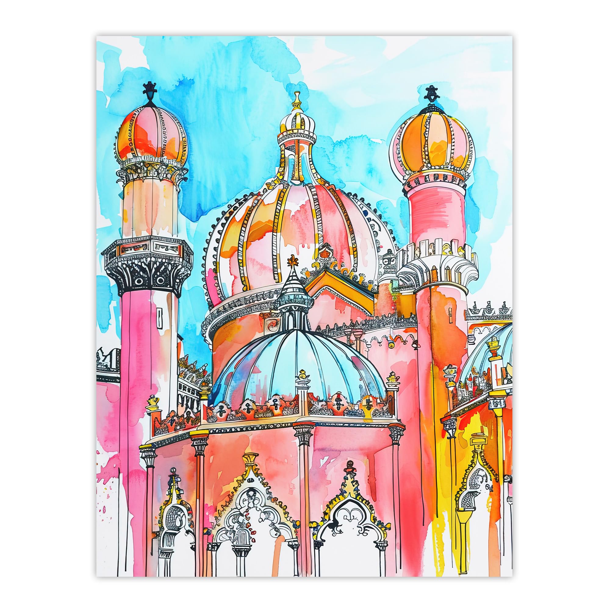 Artery8 Colourful Brighton Royal Pavilion Watercolour Living Room Large Wall Art Poster Print Thick Paper 18X24 Inch