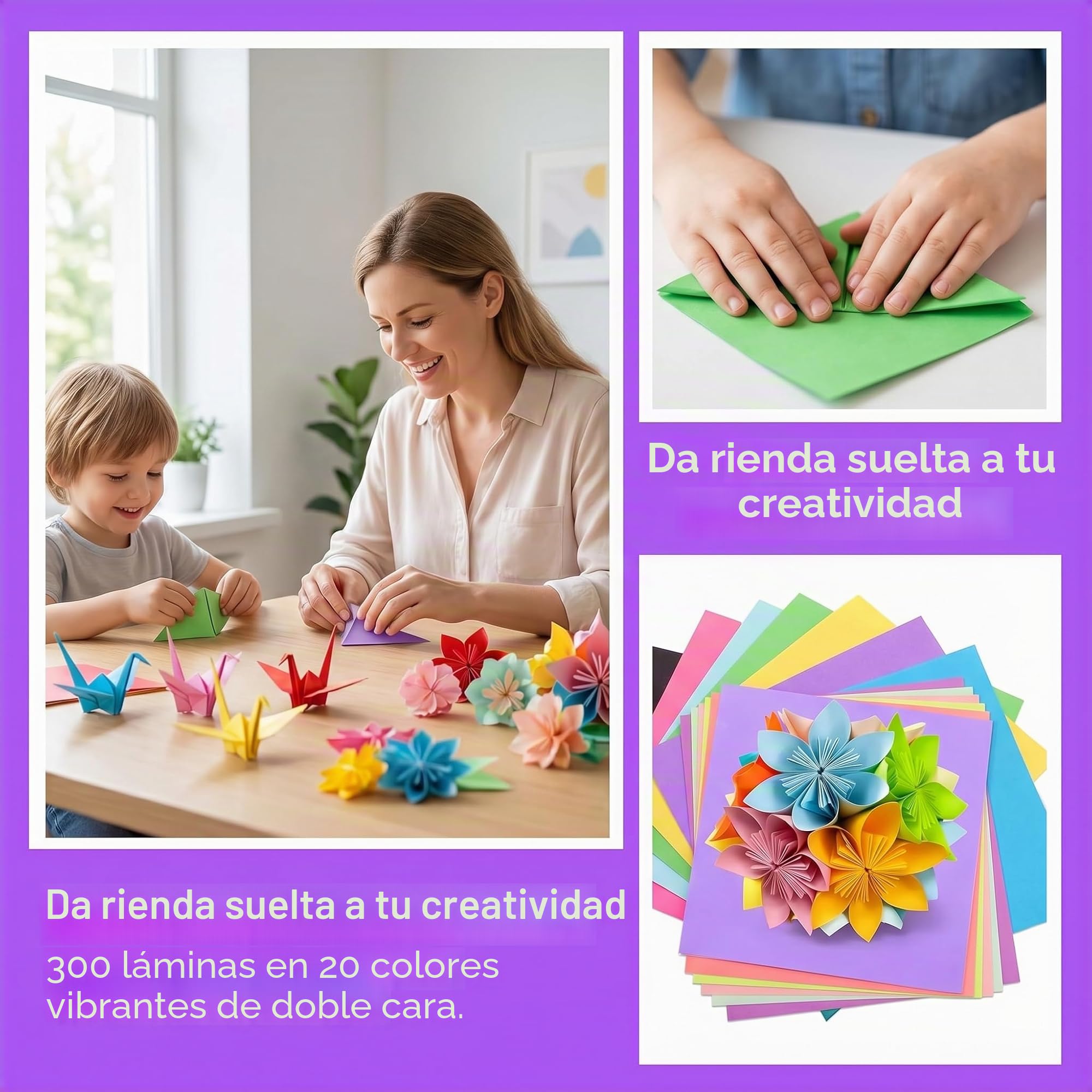 Papel Origami 300 hojas 20 Colores 20x20 cm Doble Cara para Manualidades