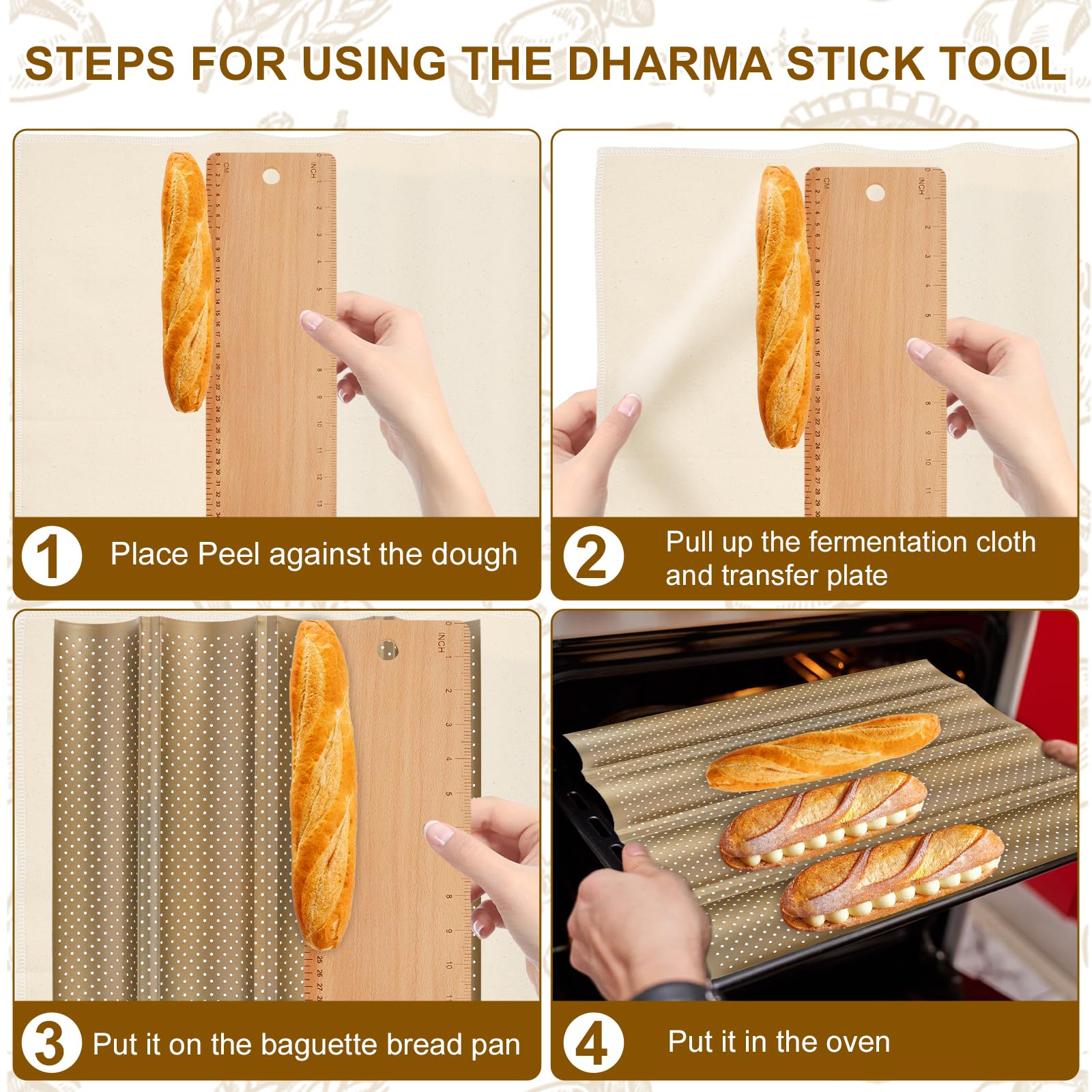 2Pcs French Bread Pan Kit with Wood Transfer Board Fermentation Cloth Nonstick Loaves Tray Heat Resistance Loaves Pan Set Perforated French Bread Baking Pan French Bread Pan for Baking 37.5x32cm