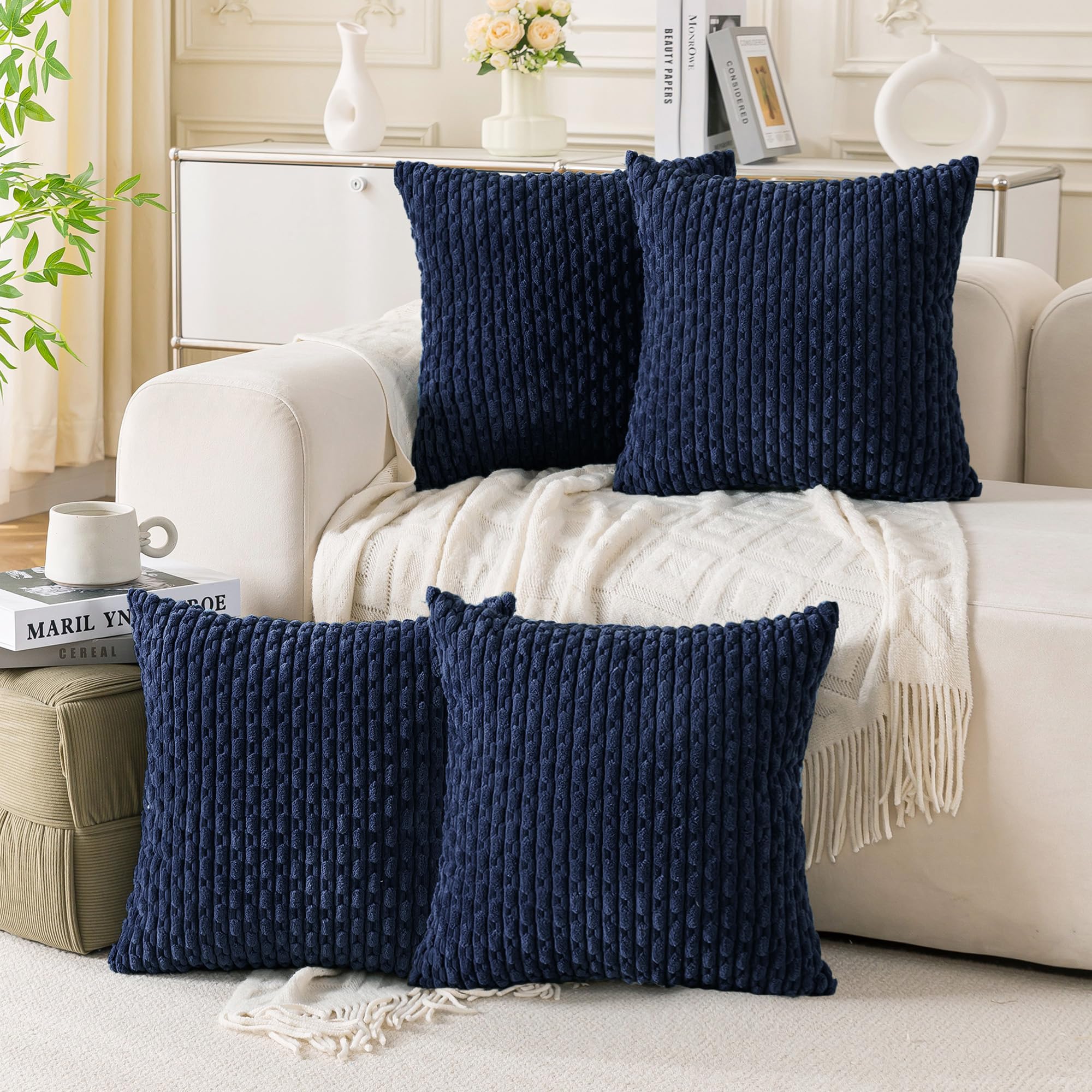 Cozoomy Set of 4 Navy Blue Decorative Throw Pillow Covers 16x16 Inch Corduroy Pillow Covers for Bed Couch Sofa Living Room Soft Square Cushion Cases โ image 1
