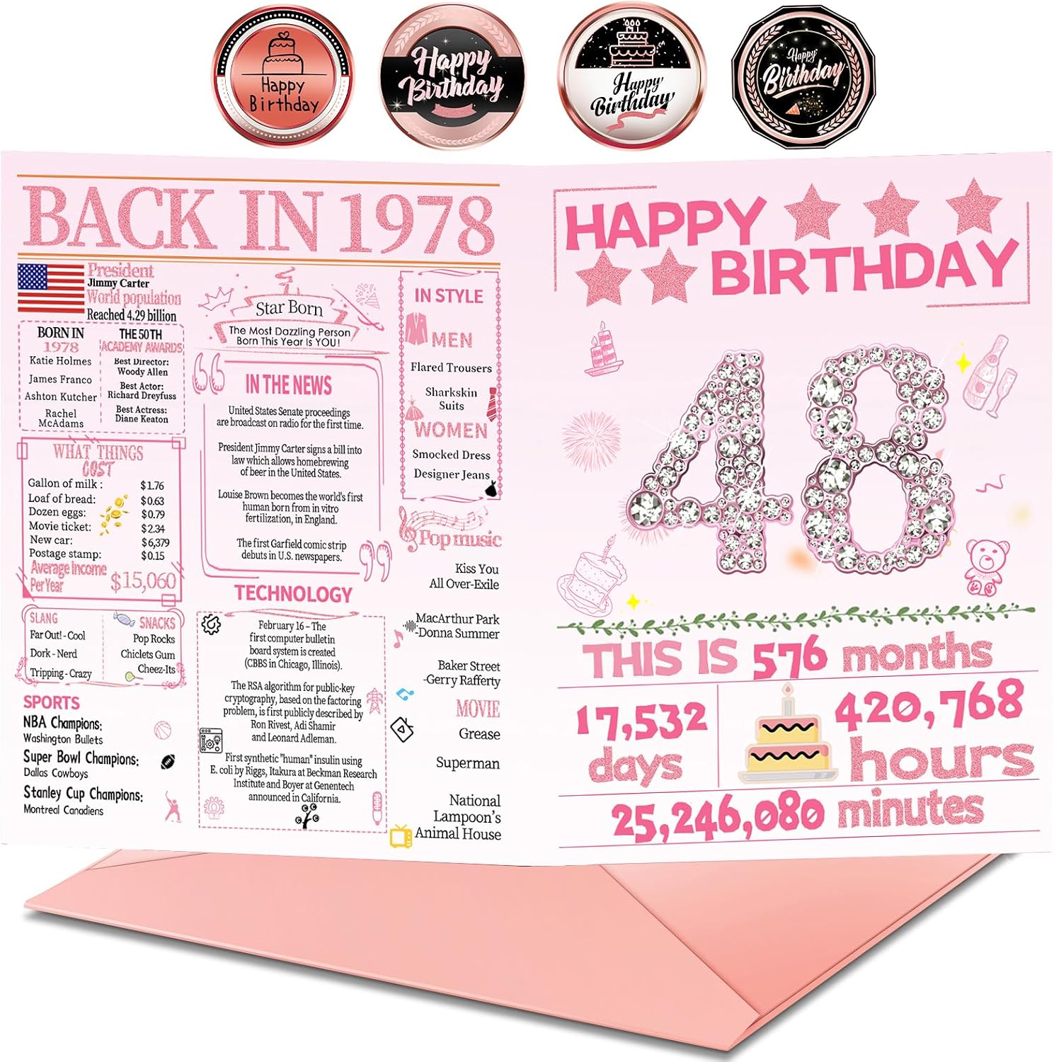 Joycard 48th Birthday Card with Envelope, 48th Birthday Decorations for Women, 48th Birthday Gifts for Mother, Happy Birthday Cards for 48 Year Old Wife, Back in 1978