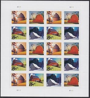 American Barns Pane of 20 Postcard Rate Current First Class Stamps Scott 5546-49