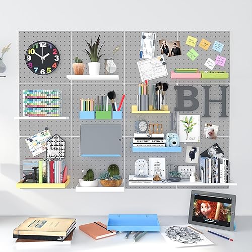 Miniatura 9 de Tablero de clavijas, paquete de 4 paneles de metal de color gris, organizador de pared con marco doblado, tablero grande y resistente para paredes,