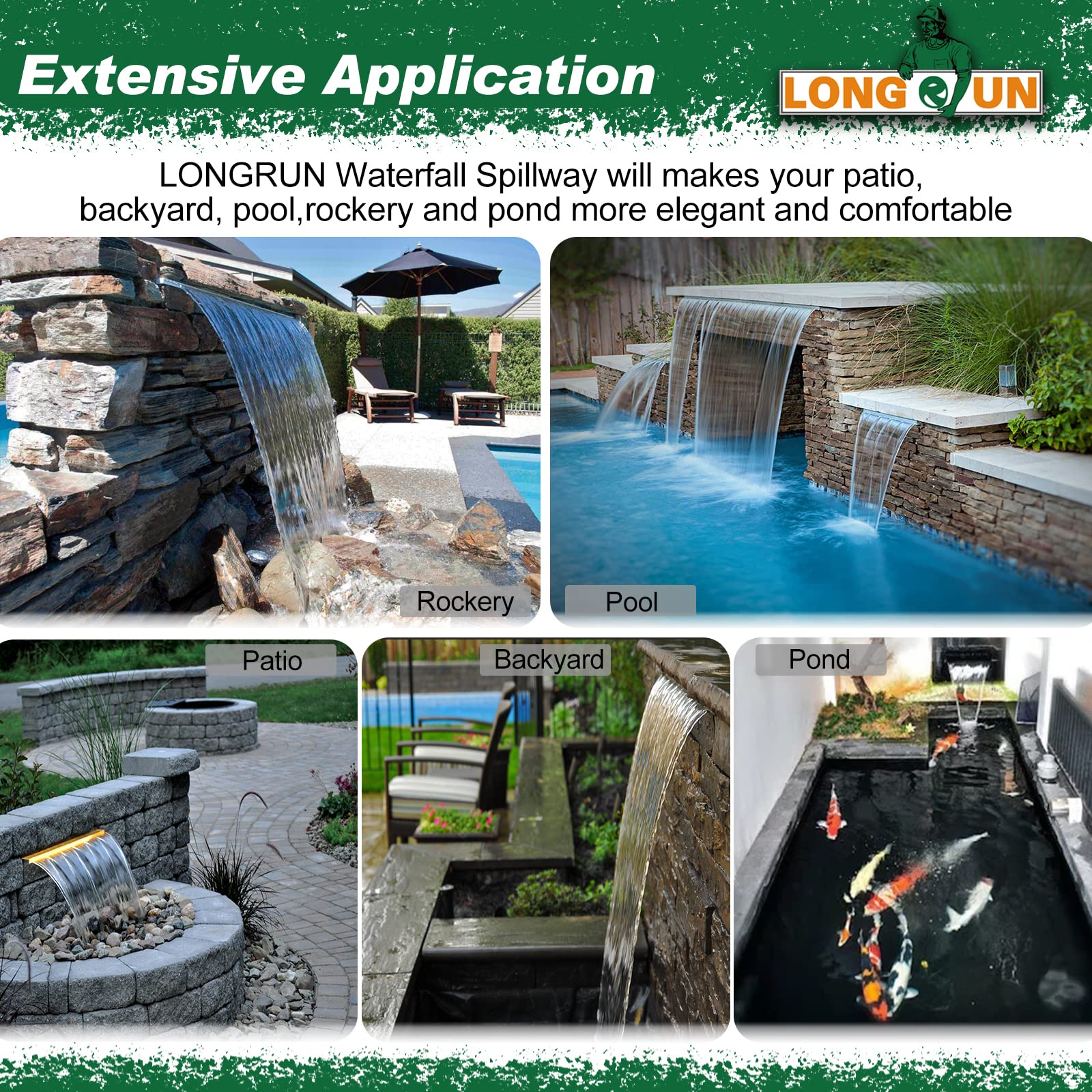 LONGRUN Wasserfall Überlauf APP Kontrolle Mehrfarbig LED-Licht Draussen Pool Brunnen, Acryl Wasser Überlauf Koi Teich Wasserfälle Brunnen Kit für Garten Terrasse Schwimmbad Dekoration -60 cm
