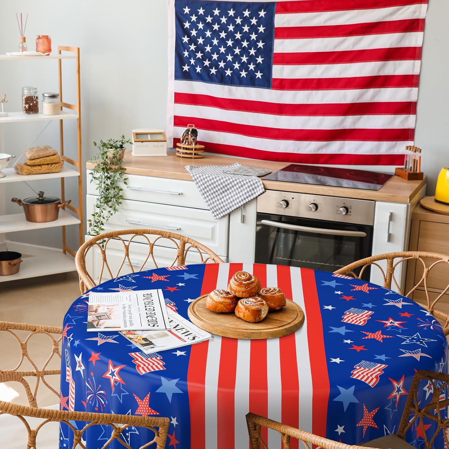 Oudain 6 Pcs 4th of July Round Tablecloth 84 Inch Plastic Patriotic Tablecloth Disposable Independence Day Table Cover Red White Blue Stars Decor for Memorial Day Dinner Party Supplies (Flag)