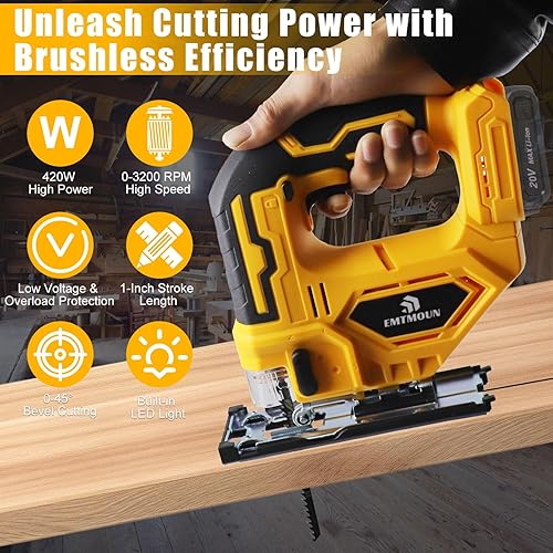 Miniatura 2 de Sierra de calar inalámbrica compatible con batería Dewalt de 20 V máximo, sierra de calar sin escobillas para 3 ajustes orbitales, 3200 RPM, cortes