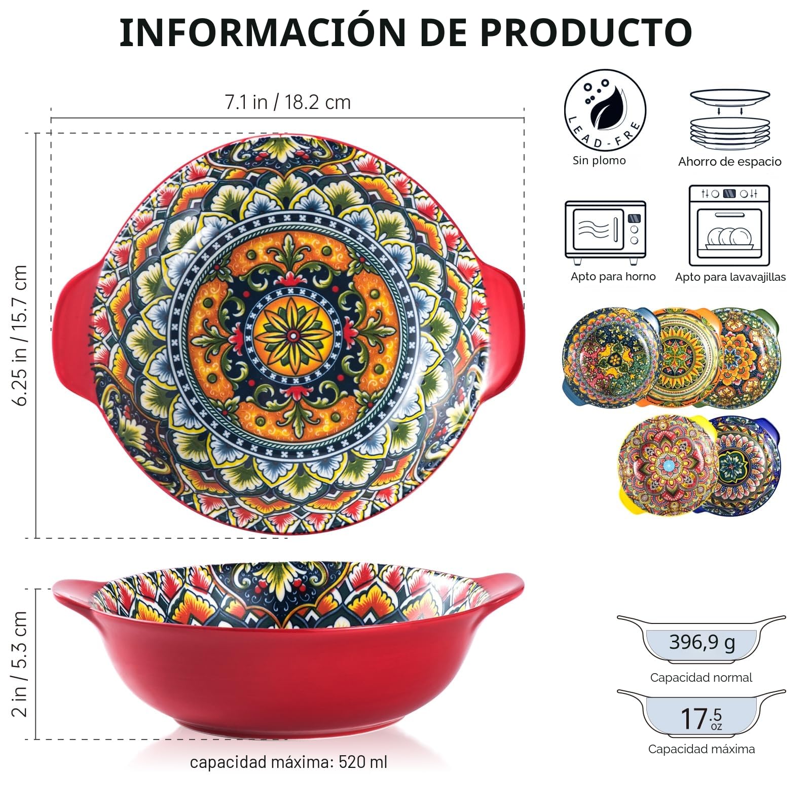 Henten Home Juego de 6 Cuencos con Asas, Platos para Ensalada, Cuencos Estilo Bohemio - 520 ml, Platos de Pasta de Cerámica para Pasta, Sopas, Ensaladas, Frutas
