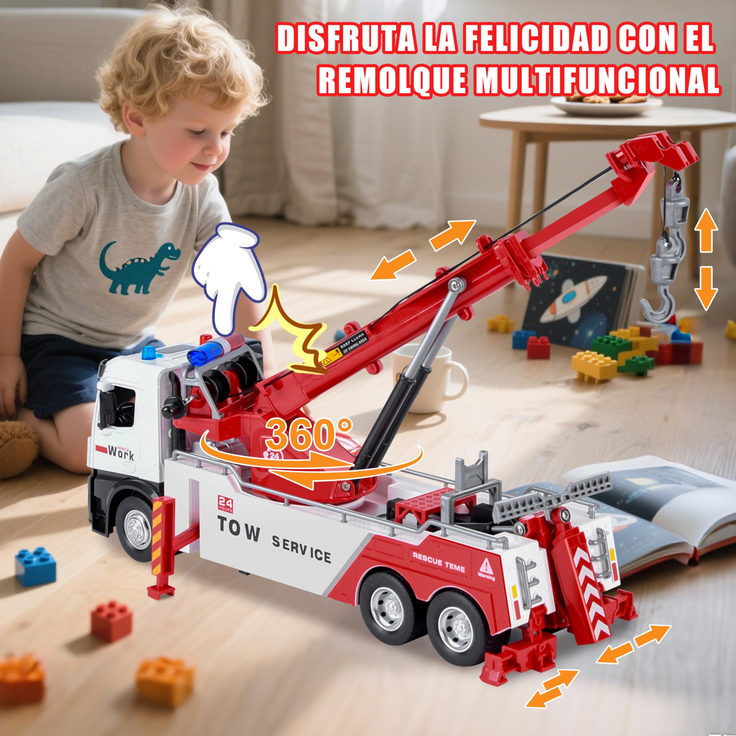 JONRRYIN Camión de Remolque, Grúa de Metal con Sonidos y Luces, Juguete Transport de Rescate para Niños a Partir de 3 años