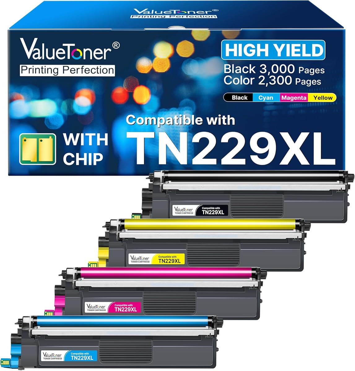 TN229XL Toner Cartridges Replacement for Brother TN229 XL TN-229XL TN-229 XL for Brother MFC-L3780CDW MFC-L3765CDW MFC-L3720CDW HL-L3280CDW HL-L3220CDW HL-L3300CDW (Black, Cyan, Magenta, Yellow)