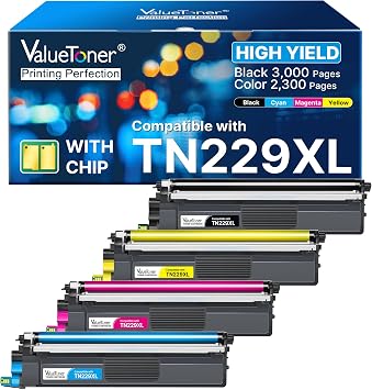 TN229XL Toner Cartridges Replacement for Brother TN229 XL TN-229XL TN-229 XL for Brother MFC-L3780CDW MFC-L3765CDW MFC-L3720CDW HL-L3280CDW HL-L3220CDW HL-L3300CDW Black, Cyan, Magenta, Yellow