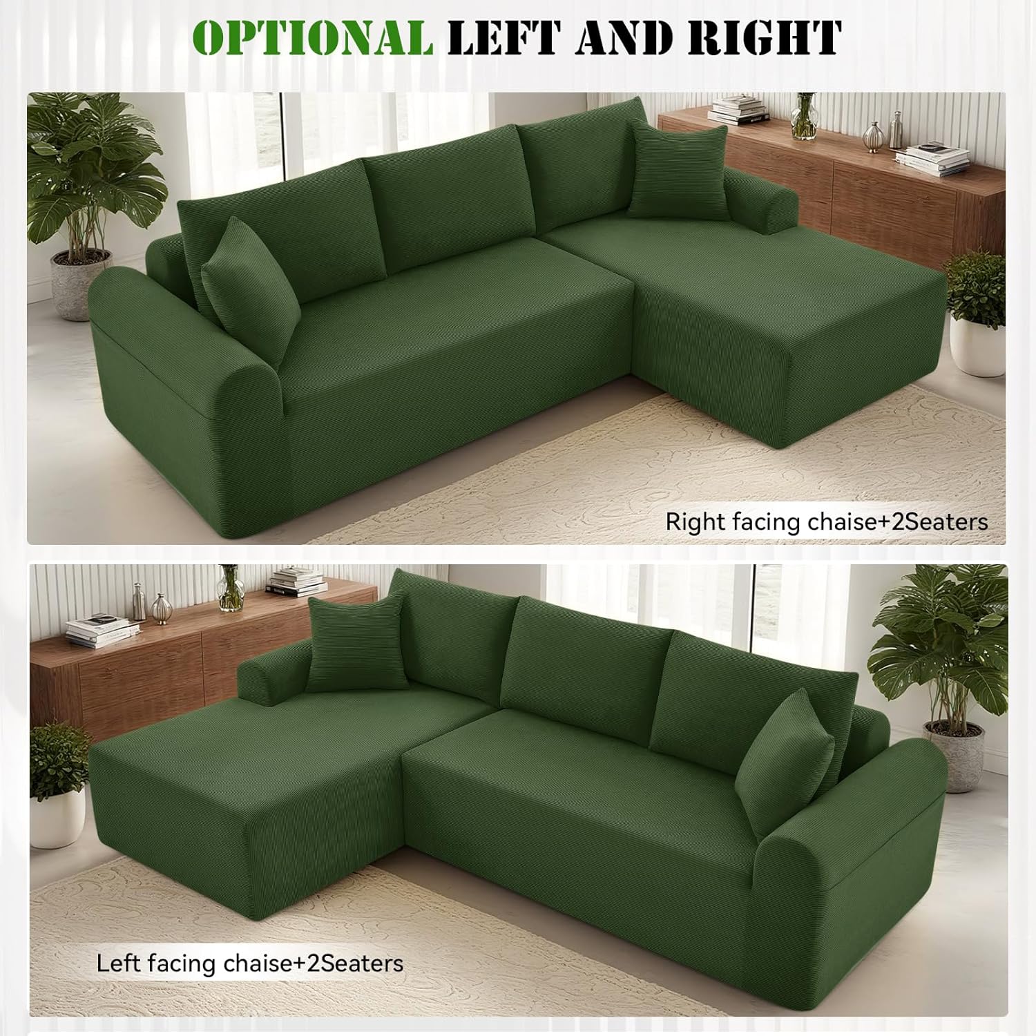 Modular Sectional Sofa with Chaise, Cloud Sectional Couch with Deep Seat, Modular L-Shape Sofa Corduroy Boneless Couch for Living Room,Bedroom,No Assembly Required(Green, Left Facing Chaise)