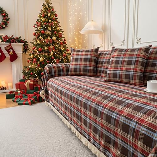 Miniatura 4 de Oudain Juego de fundas de sofá a cuadros de Navidad de 71 x 134 pulgadas, fundas de sofá rojas a cuadros con 2 fundas de almohada, decoraciones de