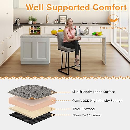 Miniatura 6 de LSSPAID Juego de 2 taburetes de bar de 24.8 pulgadas, modernos taburetes de bar tapizados de tela para mostrador, sillas de isla de cocina con patas