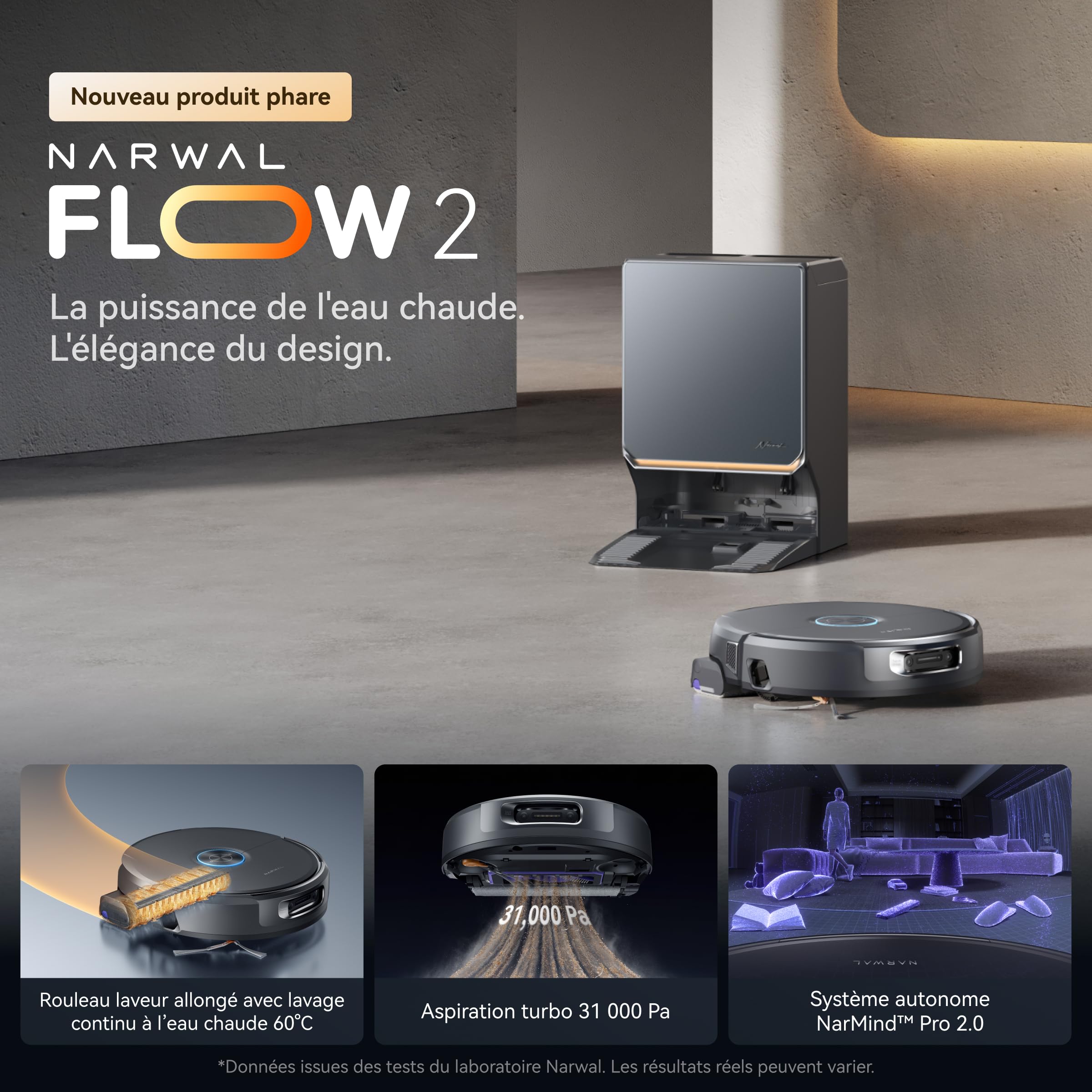 NARWAL Flow 2 Robot Aspirateur Laveur Tout-en-Un, Rouleau Laveur Allongé, Lavage FlowWash à 60 °C, Puissance d’Aspiration de 31 000 Pa, Technologie CarpetFocus™, Lavage de la Serpillière à 100 °C