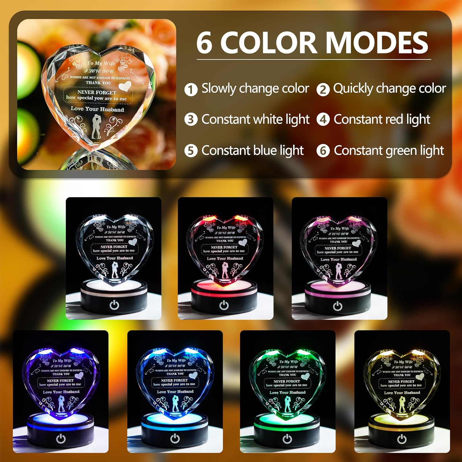 Gifts for Wife Romantic Valentines Day Gifts for Her from Husband I Love You Crystal Keepsakes Presents with Colorful LED Base for Birthday Wedding Anniversary - Image 4