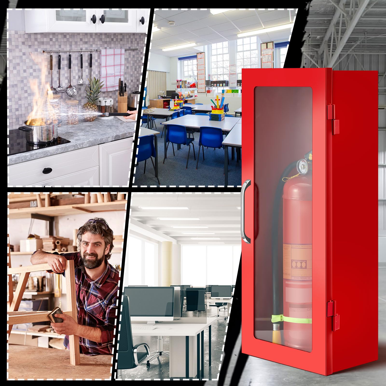 Zonon Extintor de incendios de pared y montaje en superficie, 24-3/4 pulgadas de alto x 10-1/4 pulgadas de ancho x 6-3/4 pulgadas de profundidad, caja de extintor de incendios rojo con asa para