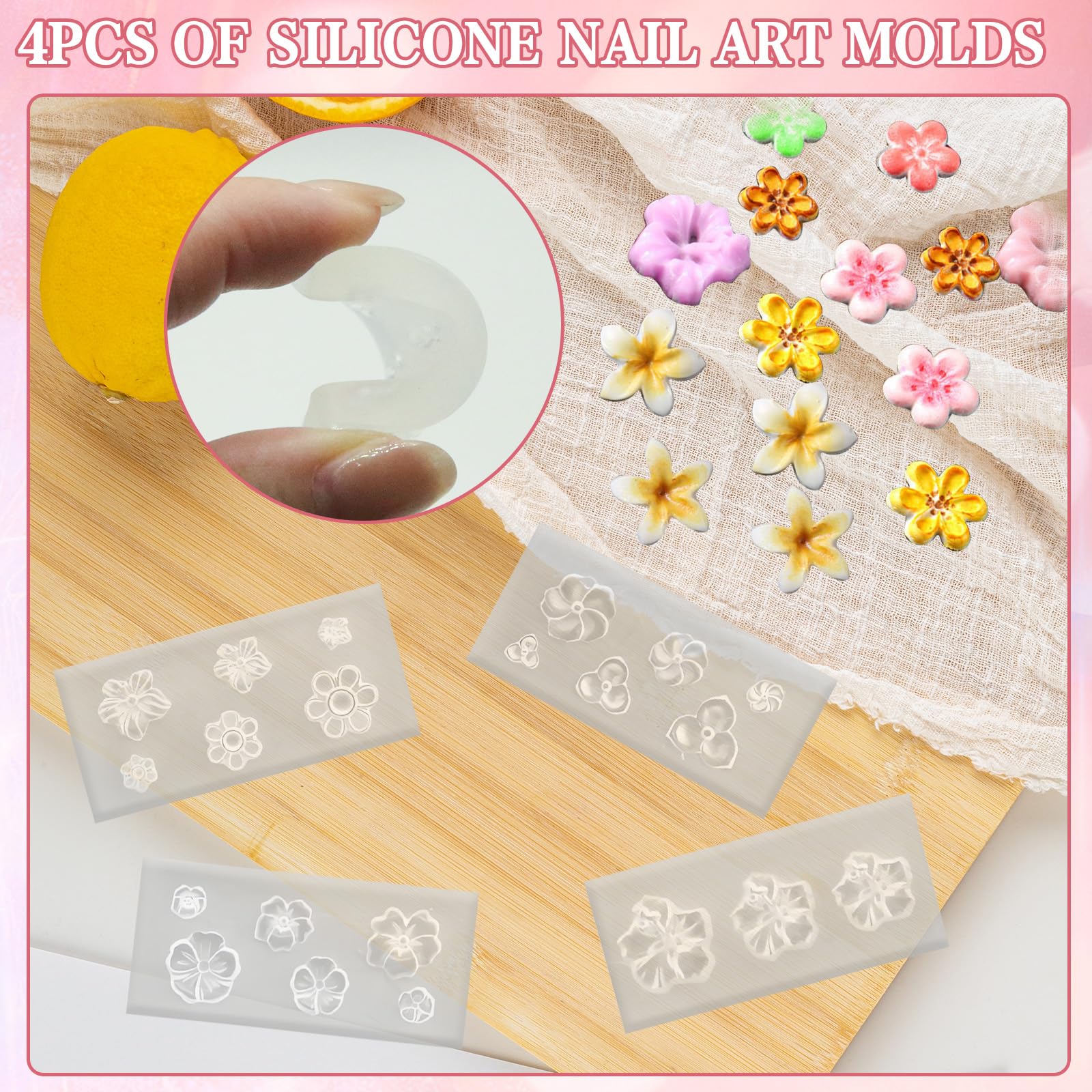 4 stampi in silicone per unghie a forma di fiore, stampi per nail art in gel 3D, stencil floreali, strumenti di design fai da te, accessori per manicure e decorazioni