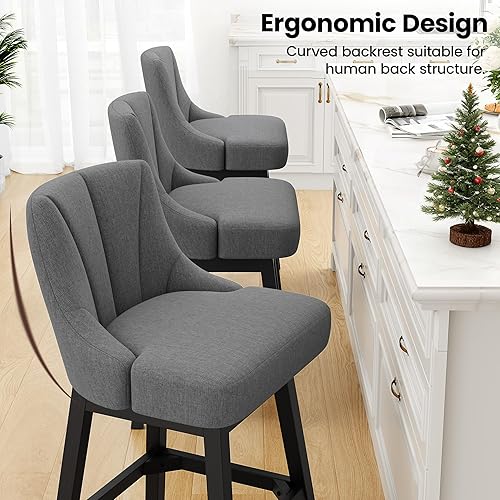 Miniatura 5 de Taburetes de bar giratorios, taburetes de bar tapizados de tela de 26 pulgadas, sillas modernas de isla de cocina con respaldo y patas de madera