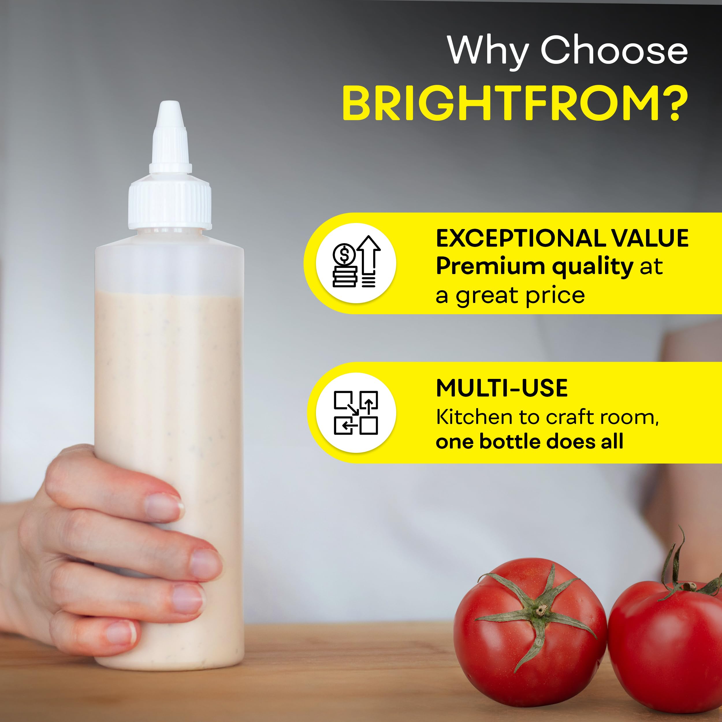 BRIGHTFROM Botellas exprimibles de condimentos, botella vacía de 8 onzas con tapa superior giratoria, a prueba de fugas, ideal para ketchup, mostaza, jarabe, salsas, aderezo, aceite, artes y