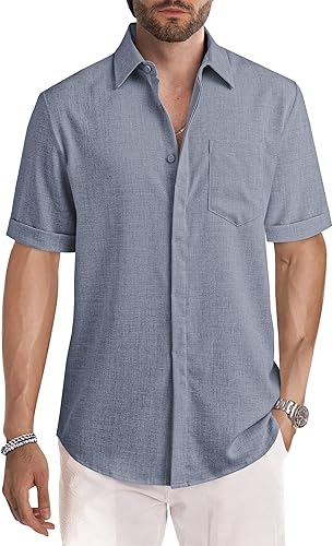 Miniatura 209 de JMIERR Camisas de vestir a rayas con botones y manga corta para hombre