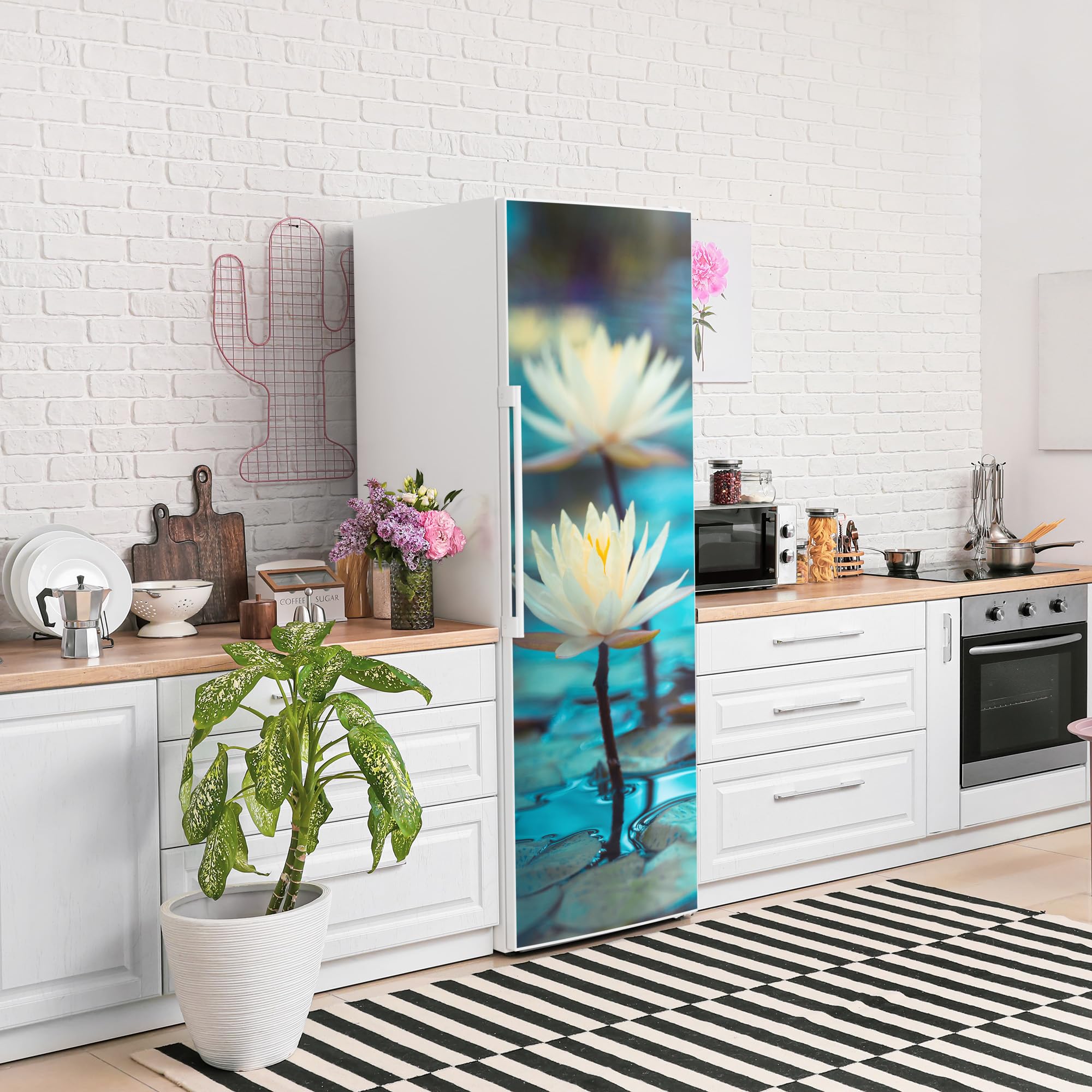 DEQORI Pellicola magnetica per frigorifero, 60 x 180 cm, motivo ninfee, serenità, tappetino magnetico decorativo per congelatore, pellicola decorativa autoadesiva, magnetica e impermeabile