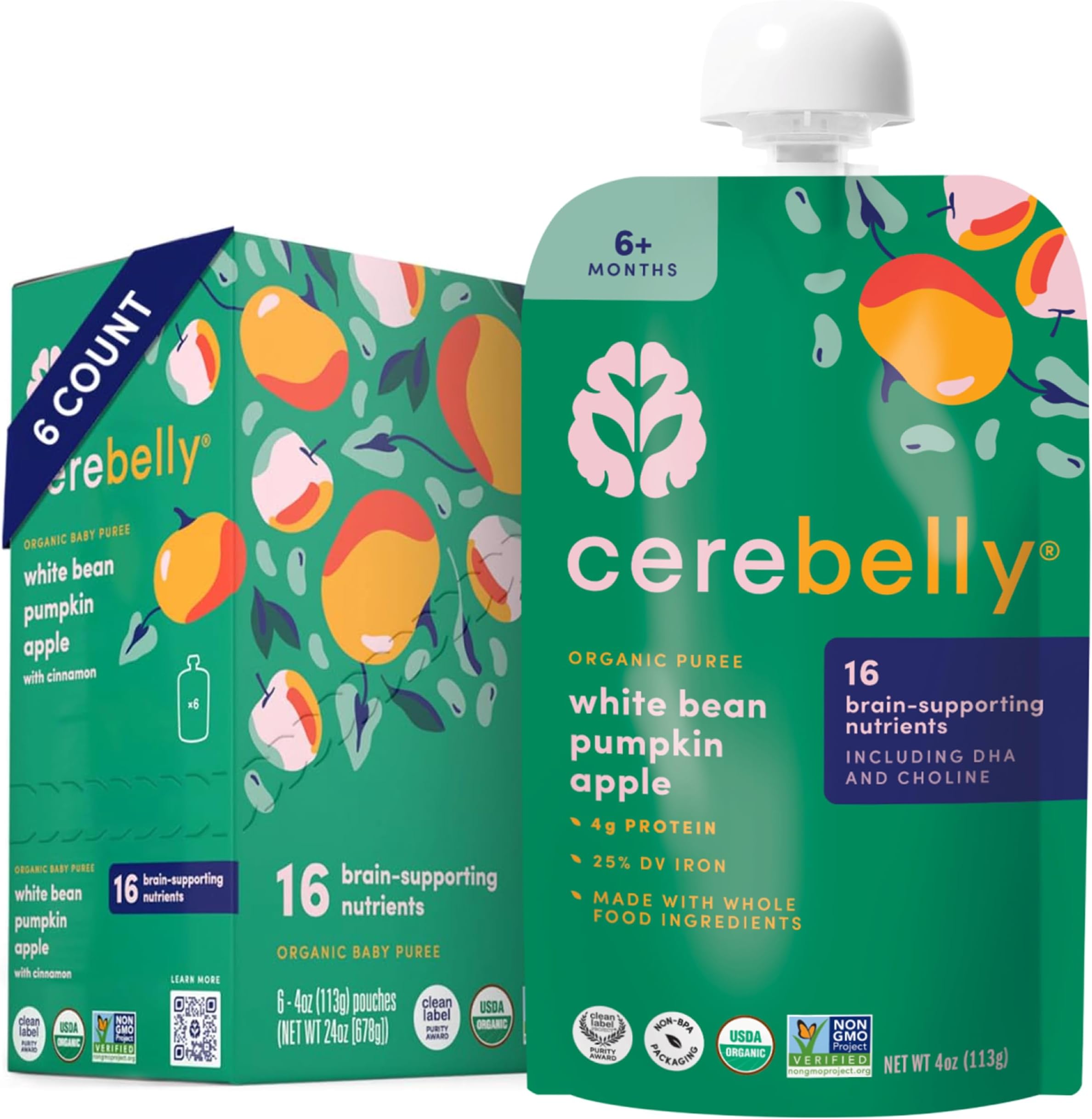 Organic Baby Food Pouches, White Bean Pumpkin Apple Purees, 16 Nutrients, No Added Sugar, Fiber & Non-GMO, 4oz, 6 Pack