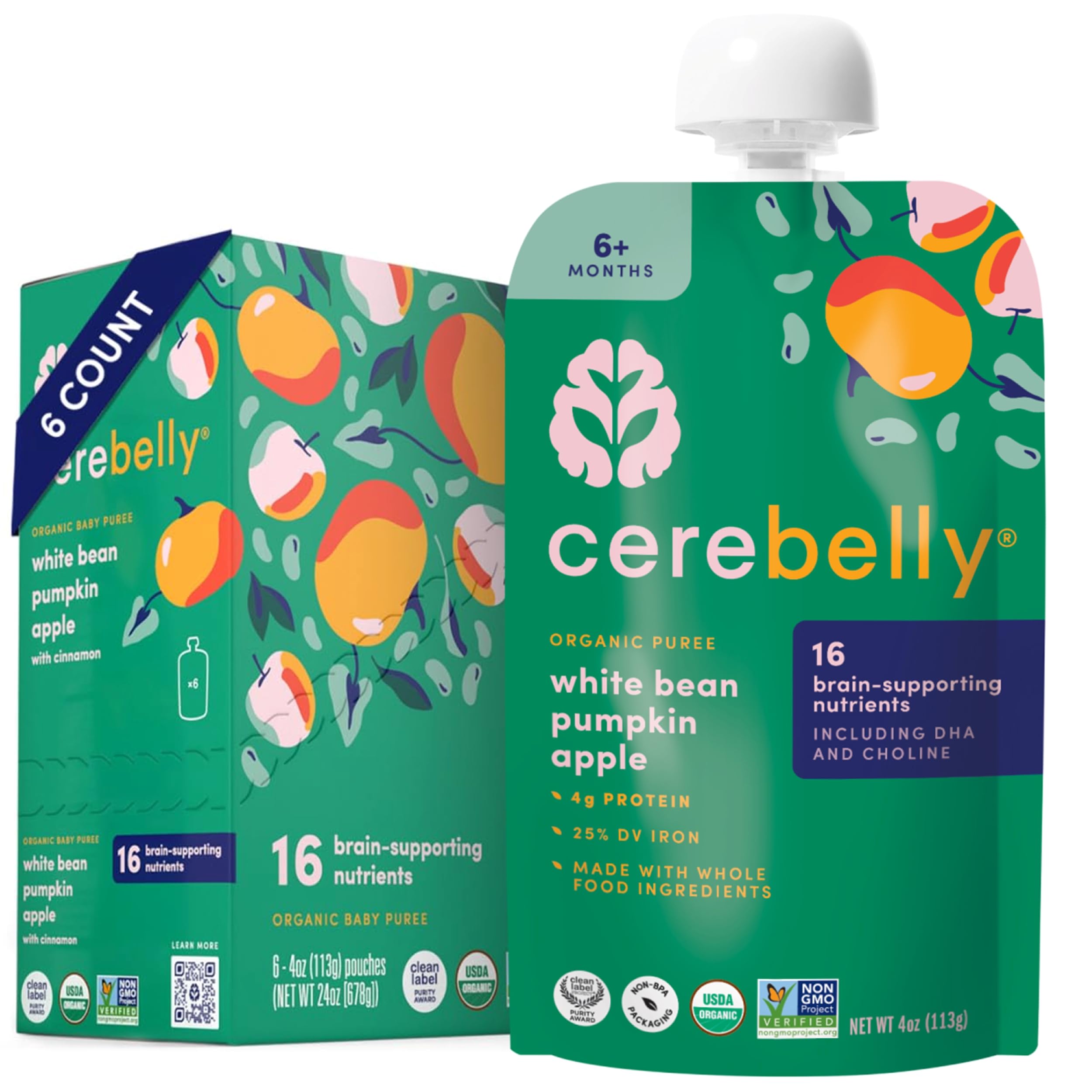 Cerebelly Organic Baby Food Pouches, White Bean Pumpkin Apple Purees, 16 Nutrients, No Added Sugar, Fiber & Non-GMO, 4oz, 6 Pack