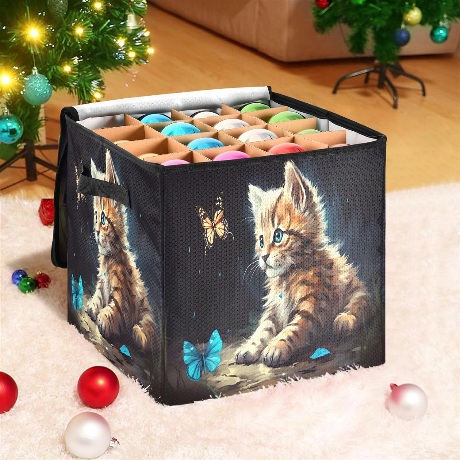 Cute Kitten 13 Inch Christmas Ornament Storage Box with Lid - Holiday Decor Storage Containers, Stores 64 Ornaments, 3 Inch Cube Compartments
