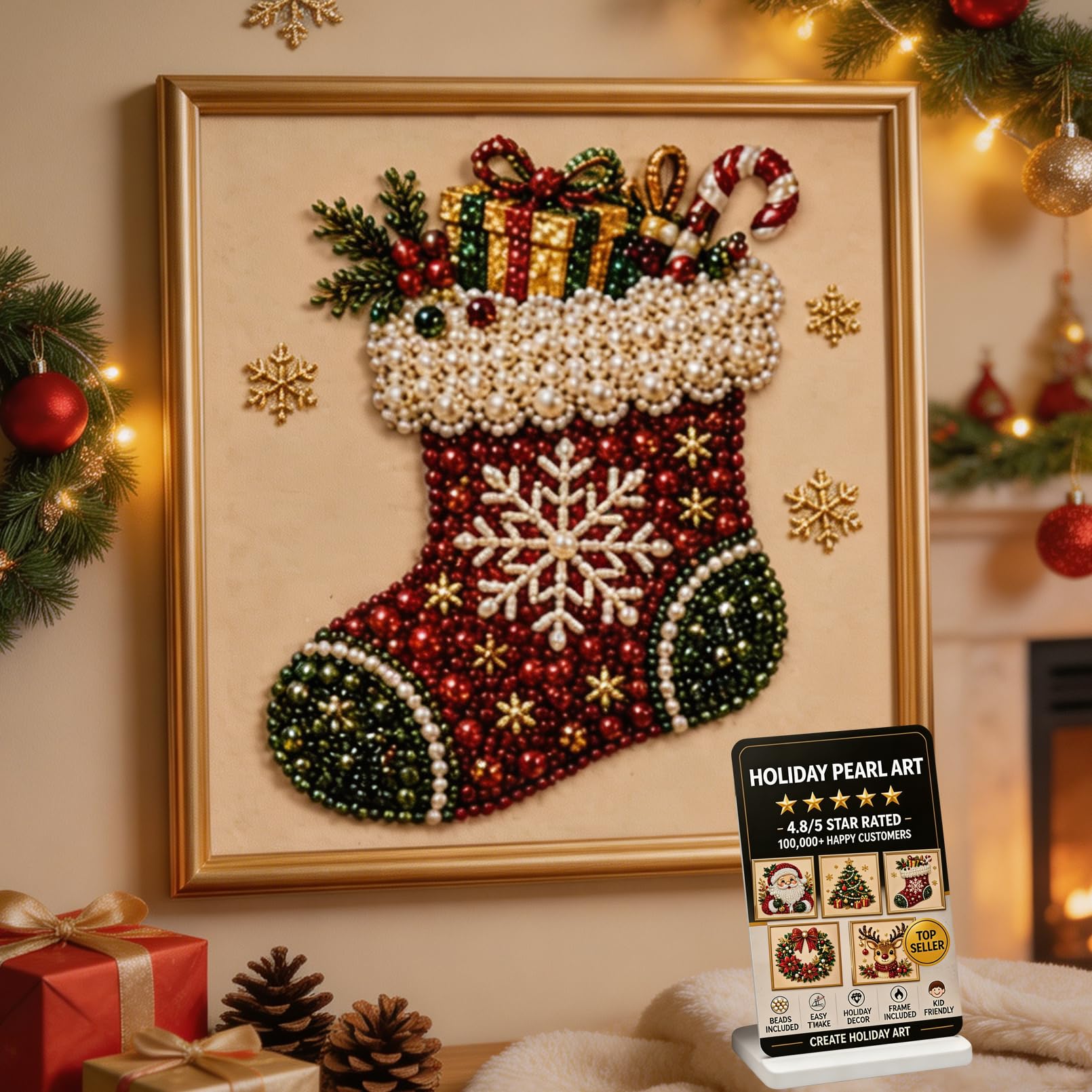 XIANGSHI DIY Christmas Pearl Diamond Painting Art Kit with Frame, Christmas Pearl Beads Art Craft for Adults & Beginners, Gemstone Diamond Dots Beads Painting Hanging Kit for Home Wall Decor (#C)