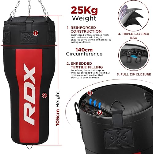 Miniatura 2 de RDX Uppercut - Saco de boxeo sin relleno para boxeo, entrenamiento de kickboxing, juego de bolsa pesada de piel maya en ángulo con guantes de boxeo
