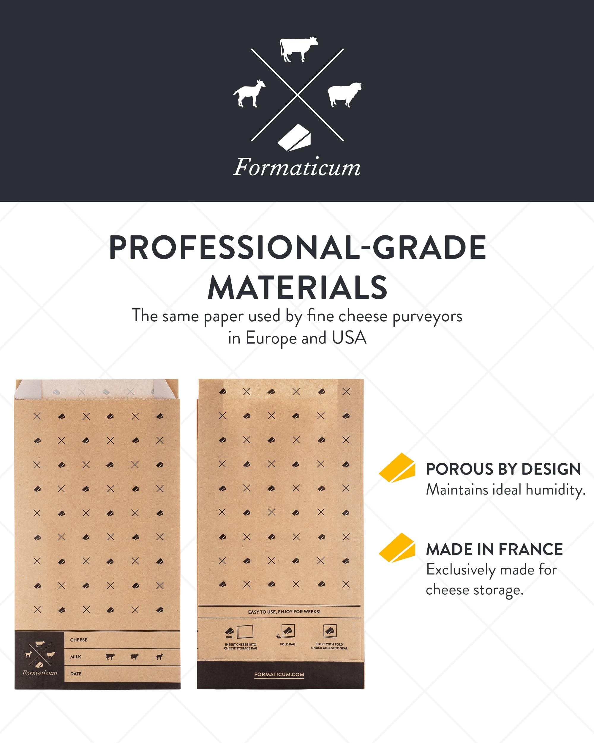 Formaticum Aufbewahrungsbeutel für Käse, 6,25 x 11, 60 Stück | Wachspapier, professionelle Qualität, poröses braunes Papier, aus Frankreich