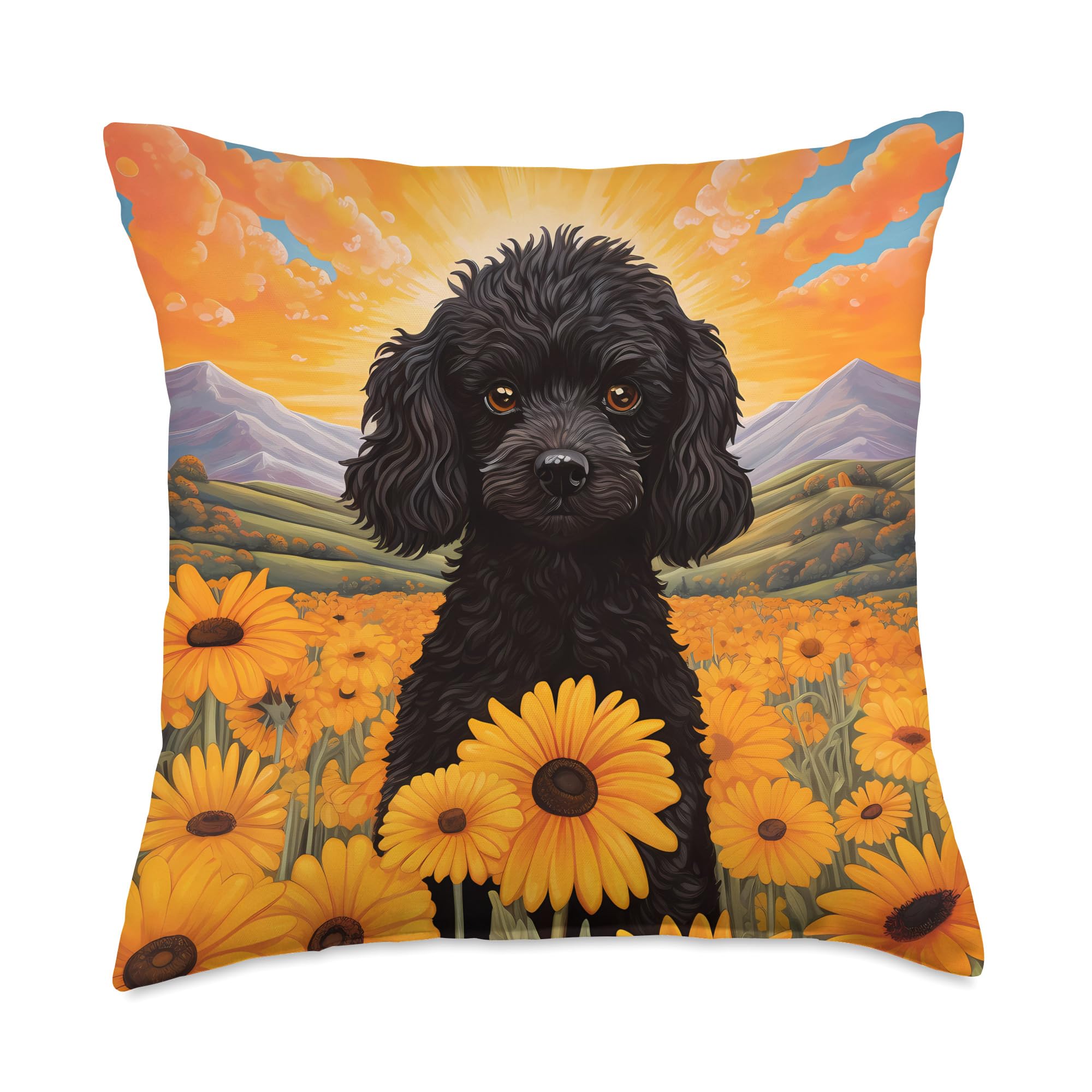 Cute Black Poodle Colorful Flower Mountain Sunset Puppy Dog Throw Pillow