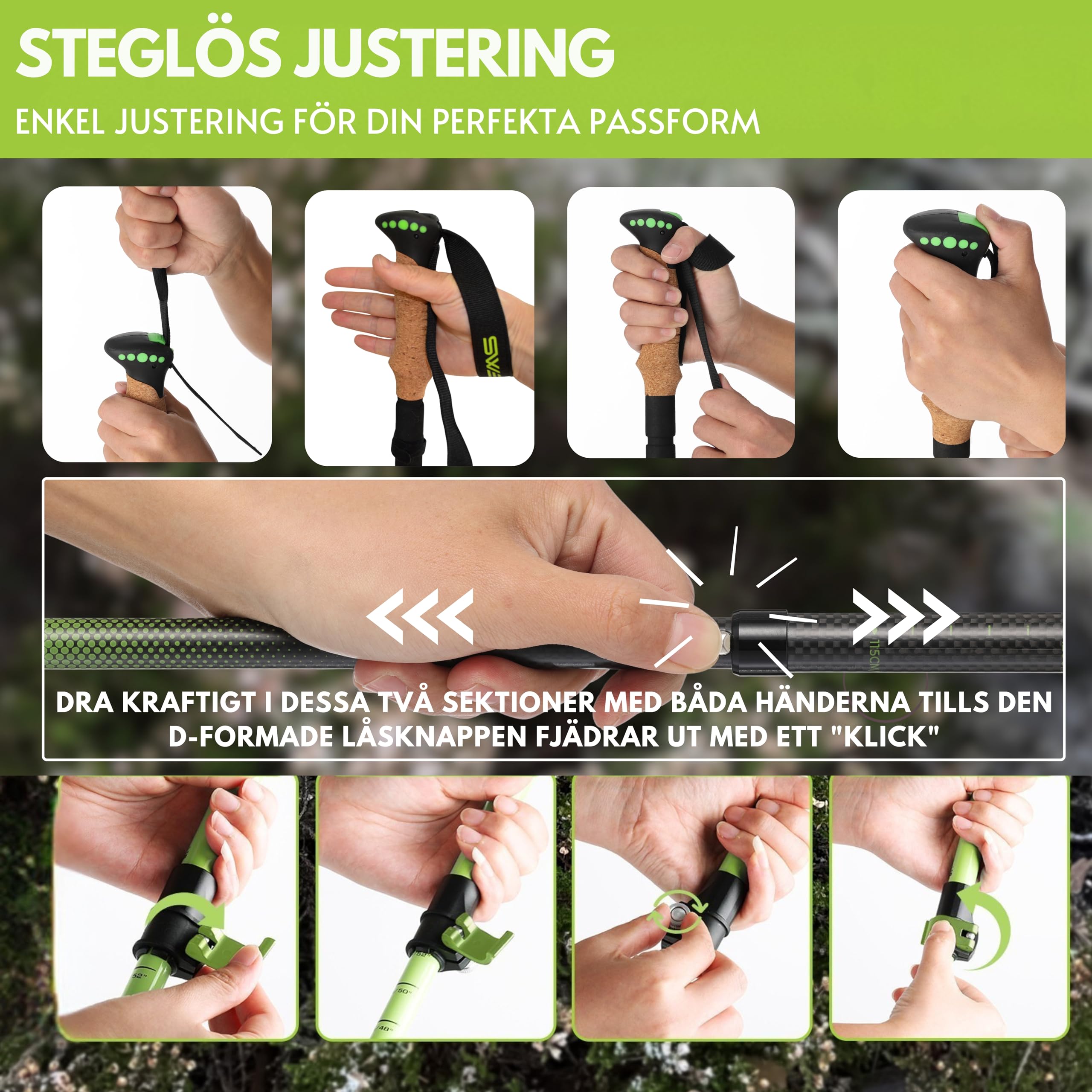 Kijki trekkingowe, składane, dla kobiet i mężczyzn, kijki trekkingowe, lekkie i regulowane, 115-135 cm, aluminiowe kijki trekkingowe z korkowym uchwytem i gumowym odbojnikiem