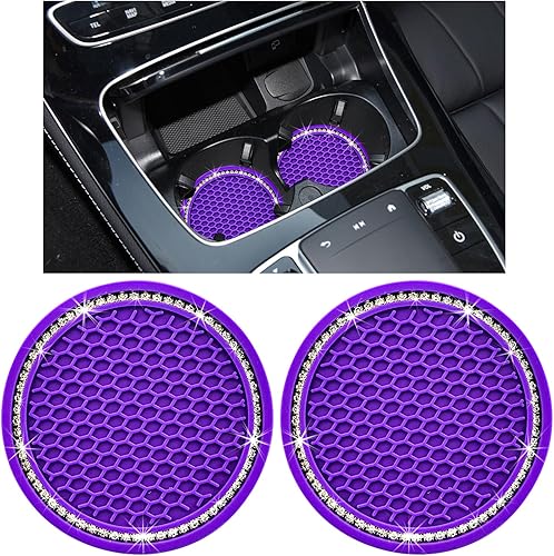 Miniatura 1 de Paquete de 2 posavasos brillantes para automóvil, 2.75 pulgadas, de silicona con diamantes de imitación, portavasos de goma suave con cristales