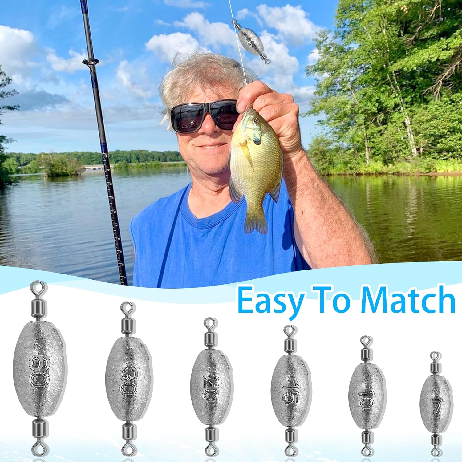 Fishing Weights Sinkers, 15/10pcs Inline Trolling Fishing Sinkers | Egg sinkers with Inner Swivels Oval Drop Lead Fishing Weights for Saltwater Freshwater Fishing 1/4oz to 2oz