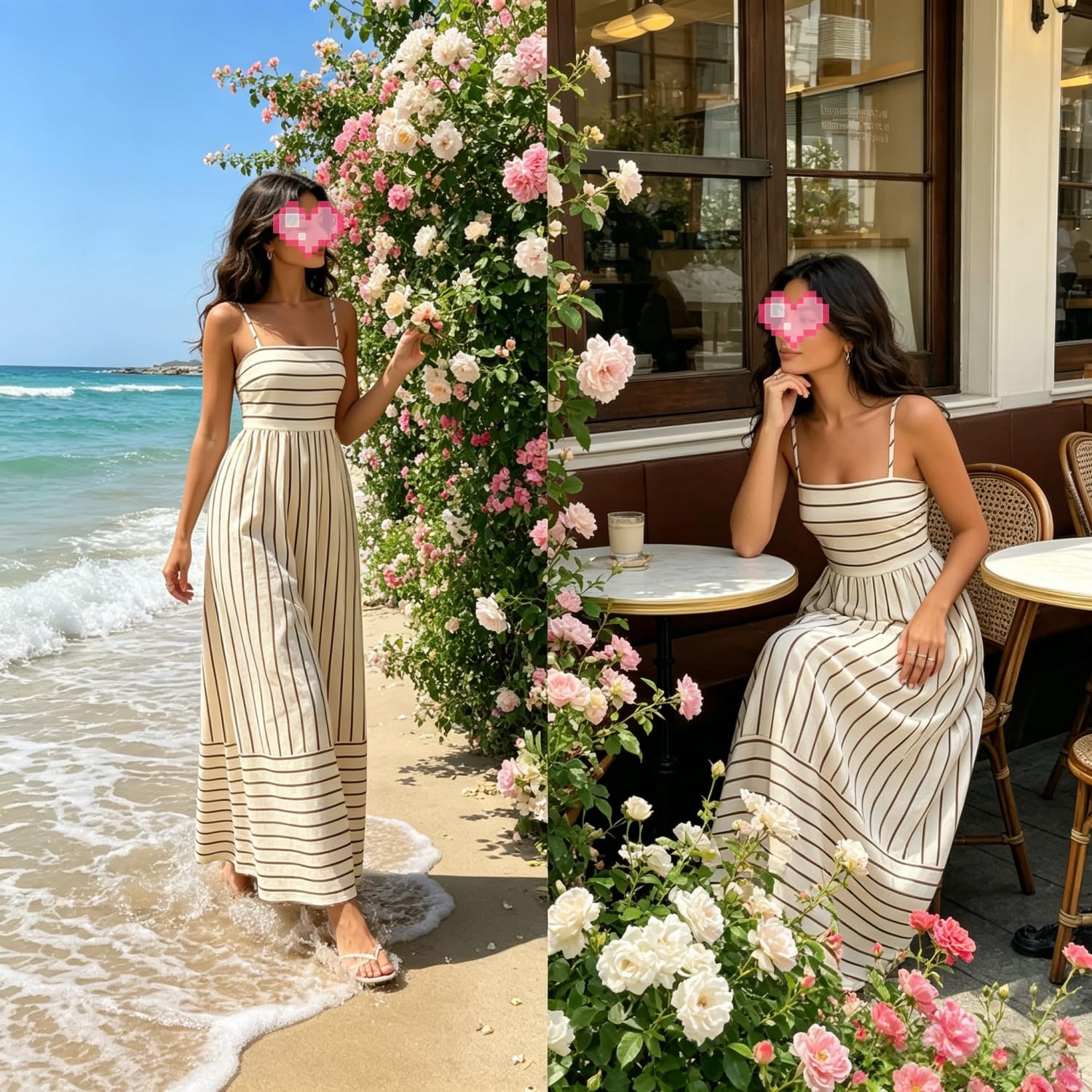 Generico Maxi Abito a Righe con Spalline Sottili da Donna; Elegante Abito Lungo a Vita Alta, con Scollo Quadrato e Spalline Sottili, Ideale per Le Vacanze