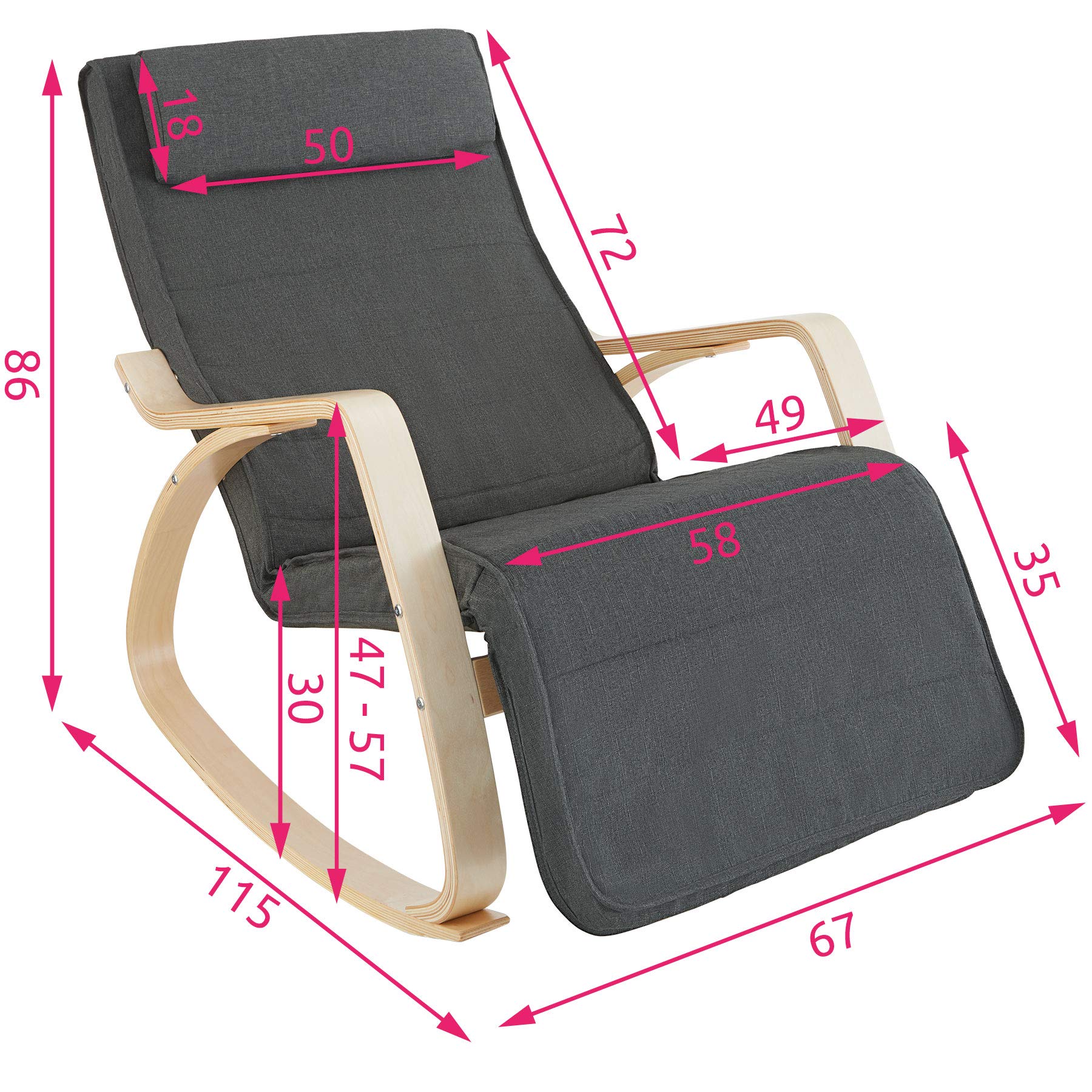tectake® Silla Mecedora Ergonómica, Reposapiés Ajustable en 5 Posiciones, Cojín Mullido con Cierre, Almohadillas Antideslizantes, Estructura Robusta, Sillon Lectura, Muebles de Salon - Gris Oscuro