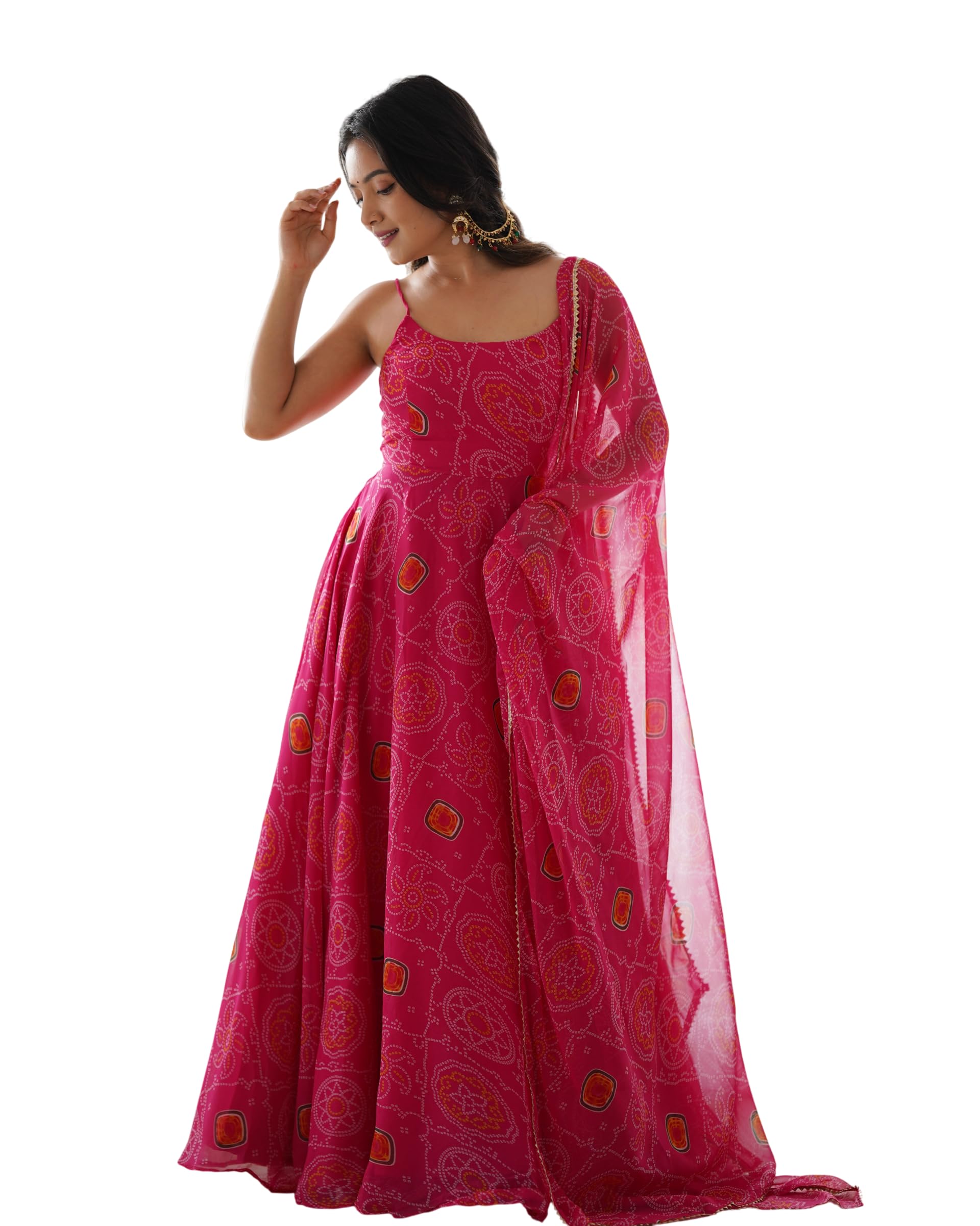 Creation by Pure Soft Lightweight Chiffon Bandhej Fully Flare Gown with Dupatta,Pent Set.-image-42