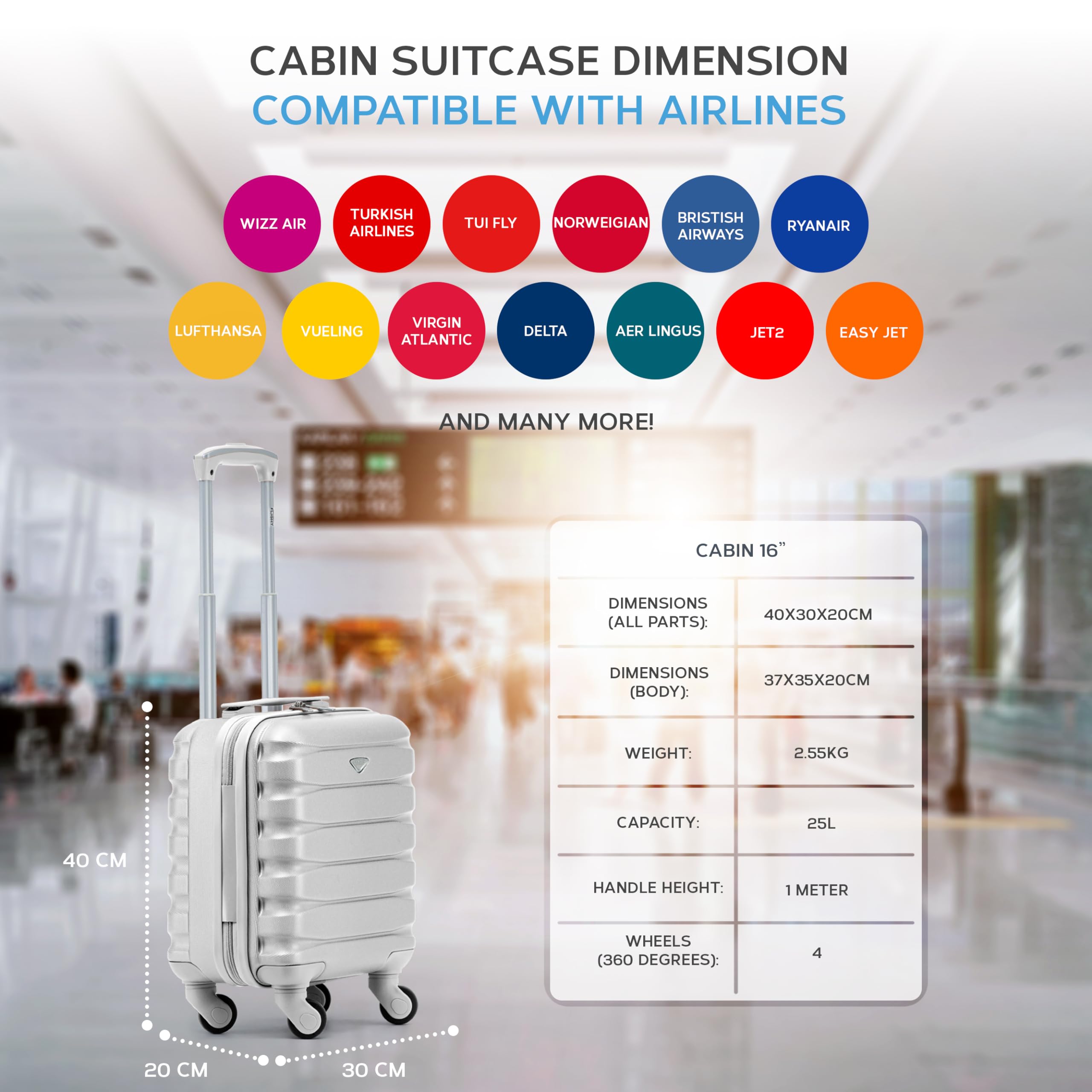 Flight Knight 40x30x20 Cabin Bag for Wizz Air, Carry On Suitcase for Over 100 Airlines, Maximum Size for Vueling, Lightweight Small Durable Cabin Bag, ABS Hard Shell, 10 KG Hand Luggage