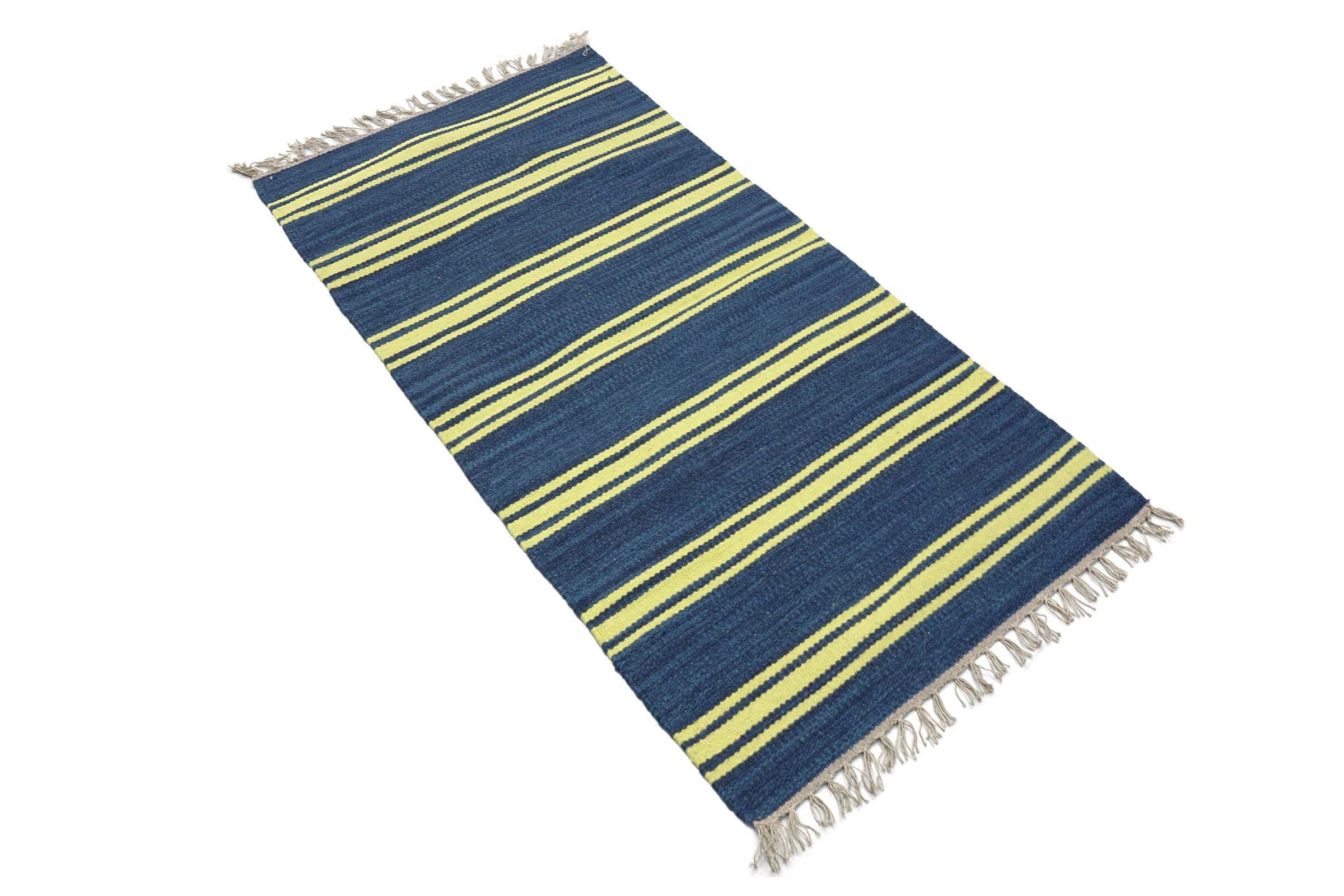 Kelim Tapis tissé à la main à rayures bleues 140 x 70 cm